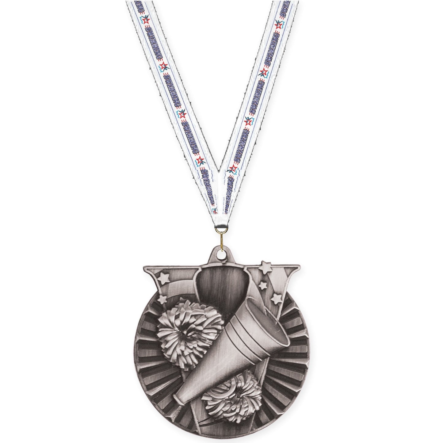 2 inch cheerleading Victory medal in antique silver with Swimming neck ribbon