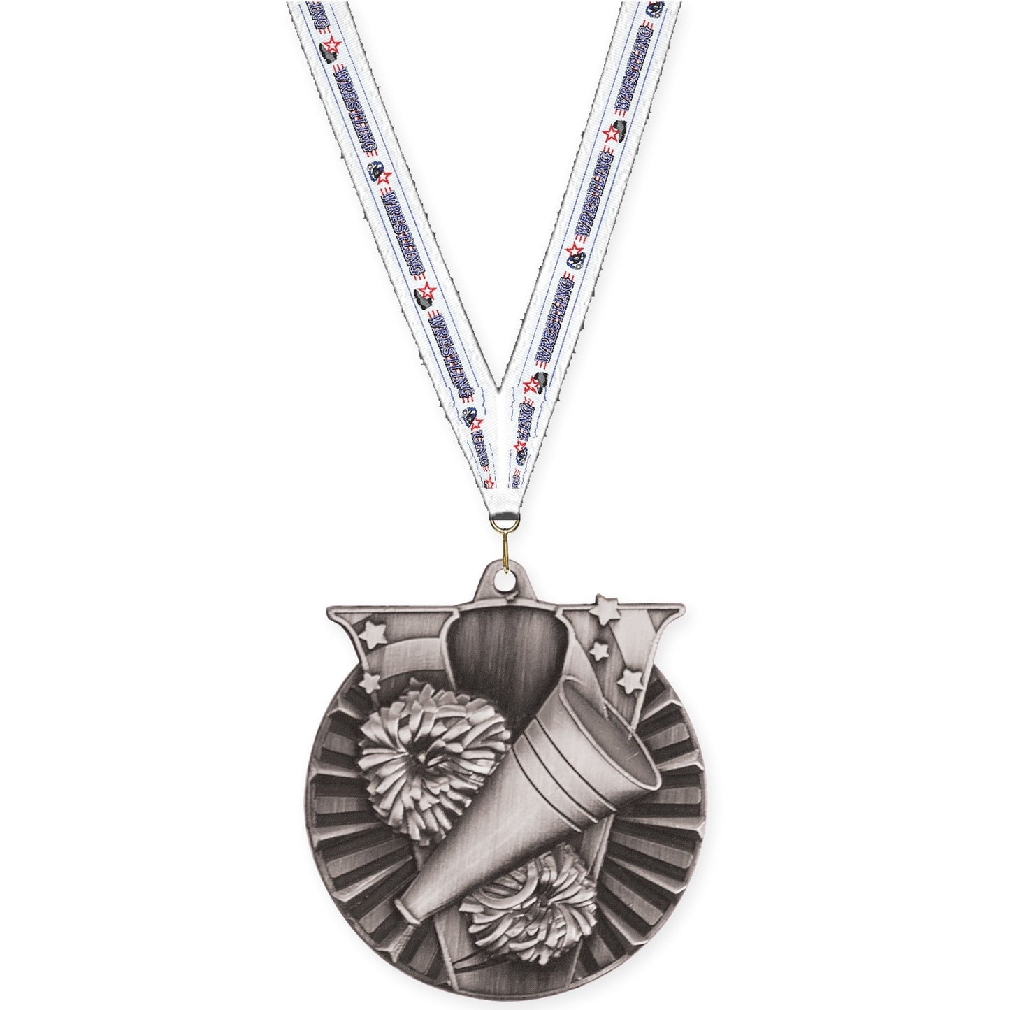 2 inch cheerleading Victory medal in antique silver with Wrestling neck ribbon