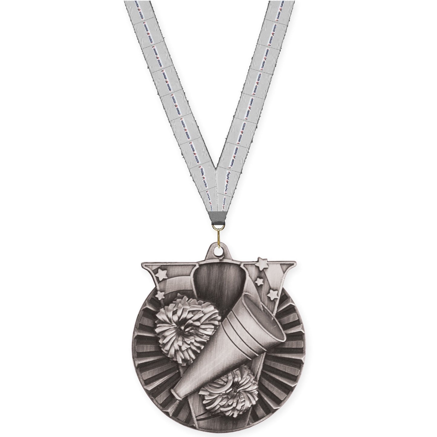 2 inch cheerleading Victory medal in antique silver with Auto Racing neck ribbon