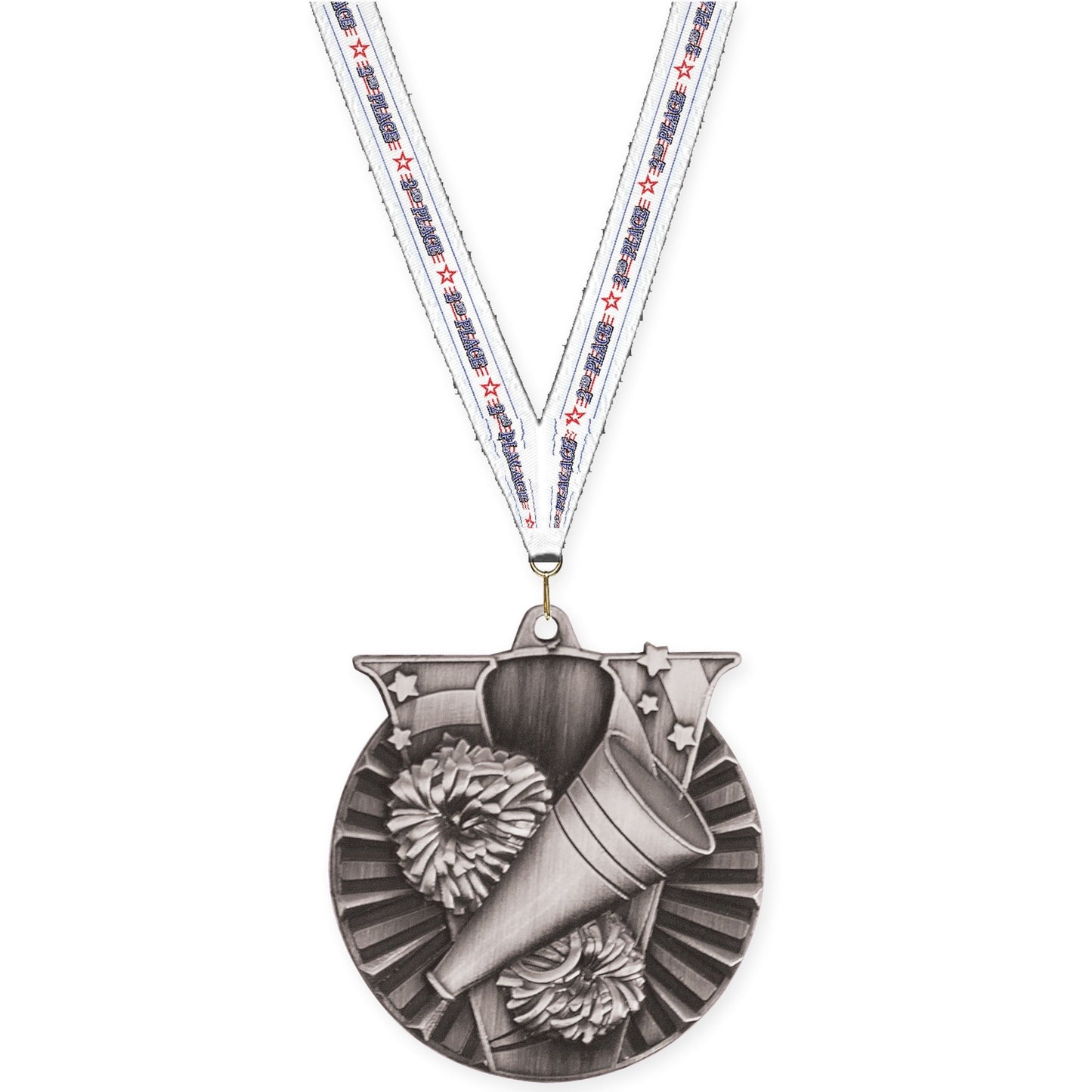 2 inch cheerleading Victory medal in antique silver with 2nd Place neck ribbon