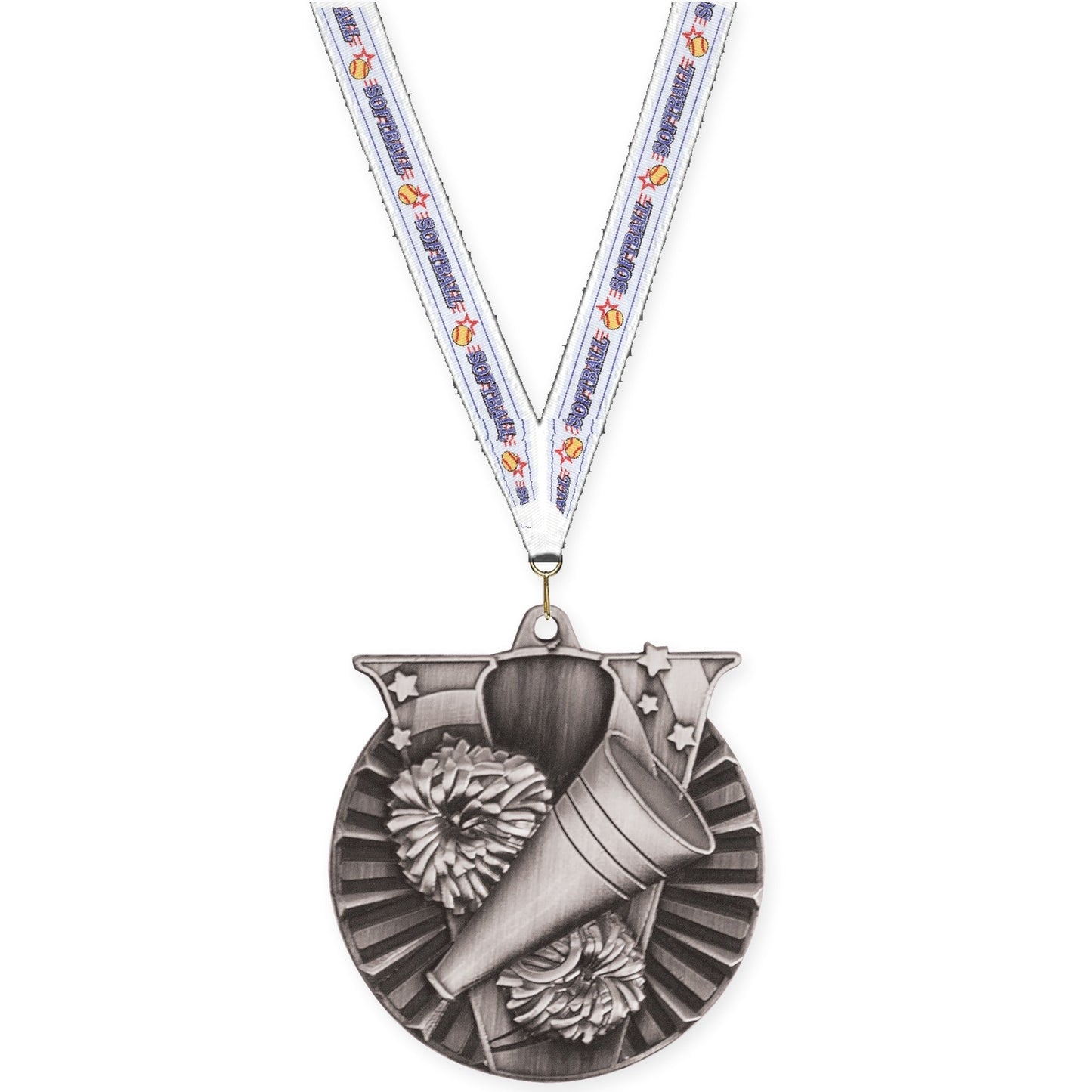 2 inch cheerleading Victory medal in antique silver with Softball neck ribbon