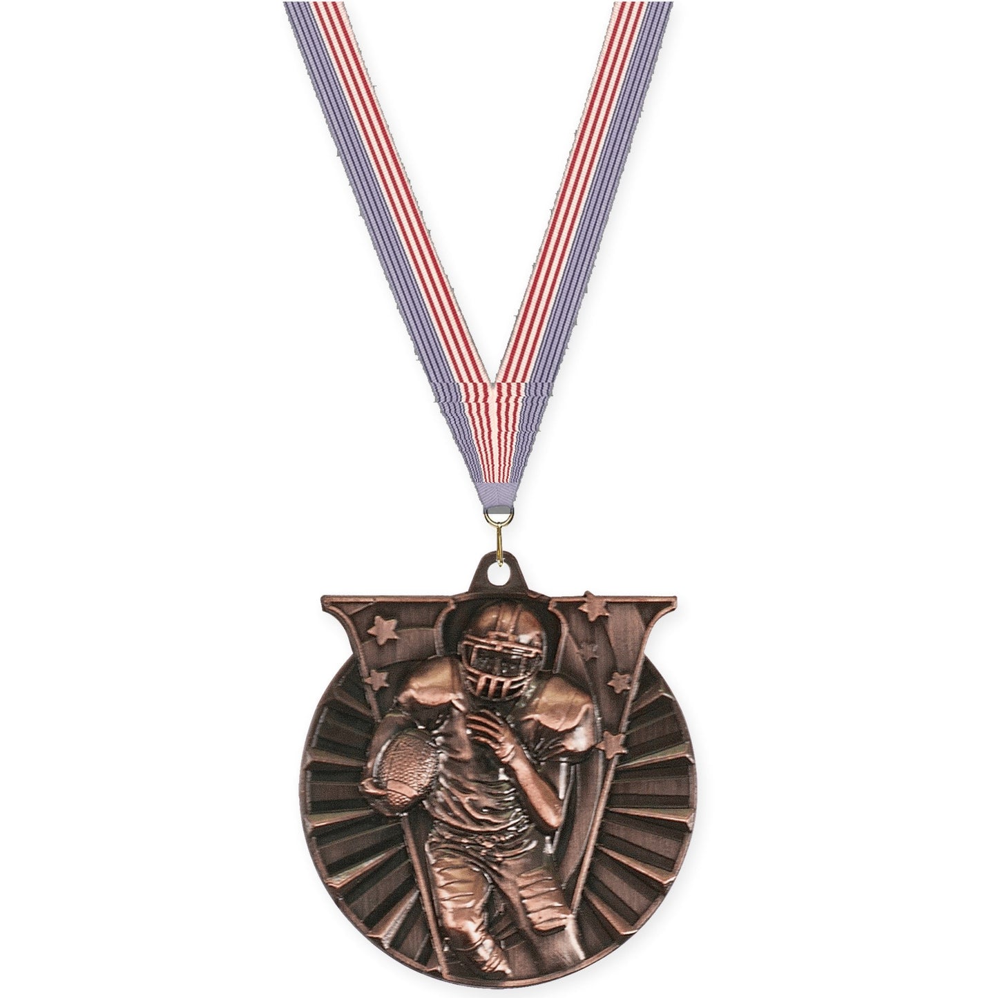 2 inch football Victory medal in antique bronze with USA Flag neck ribbon