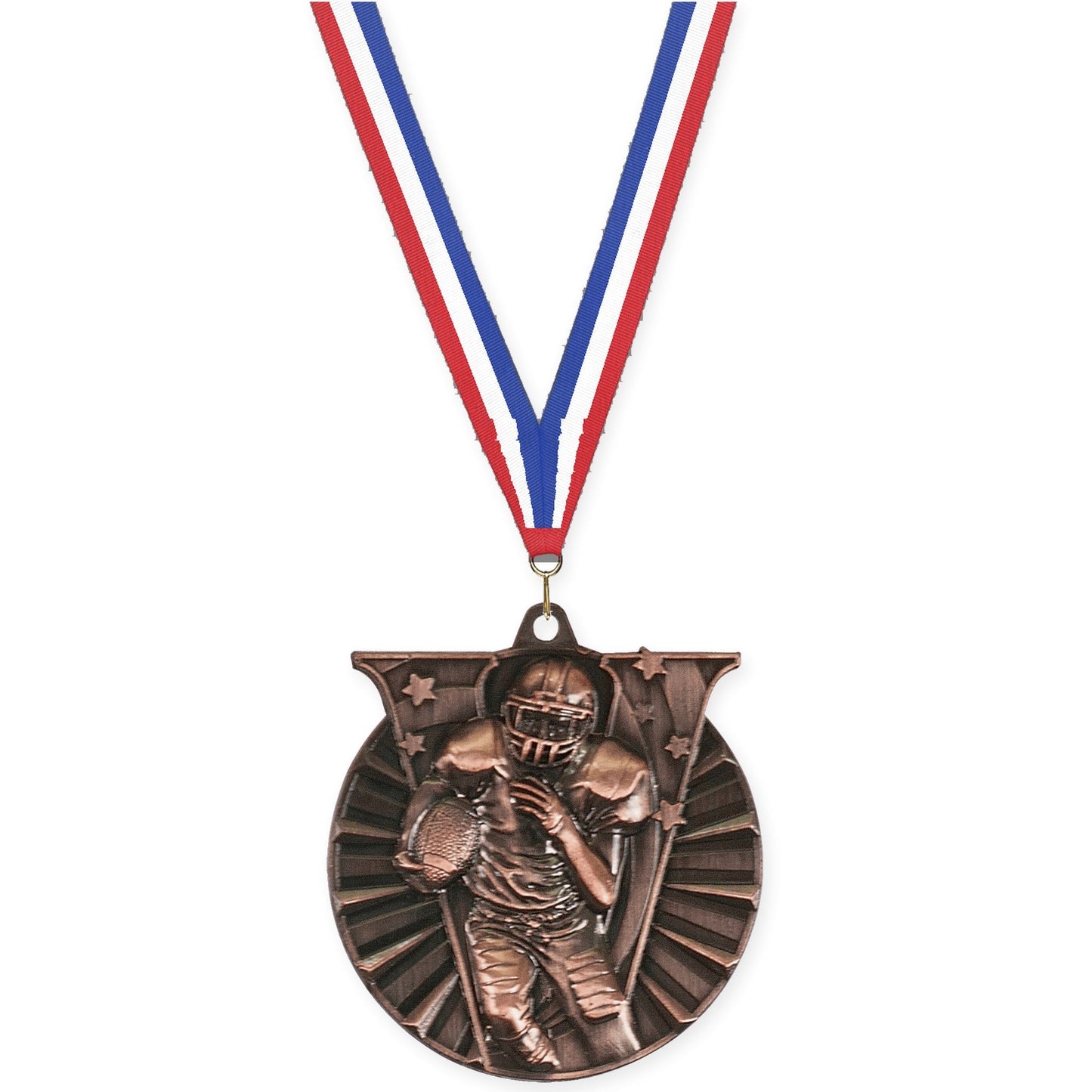 2 inch football Victory medal in antique bronze with Red White Blue neck ribbon