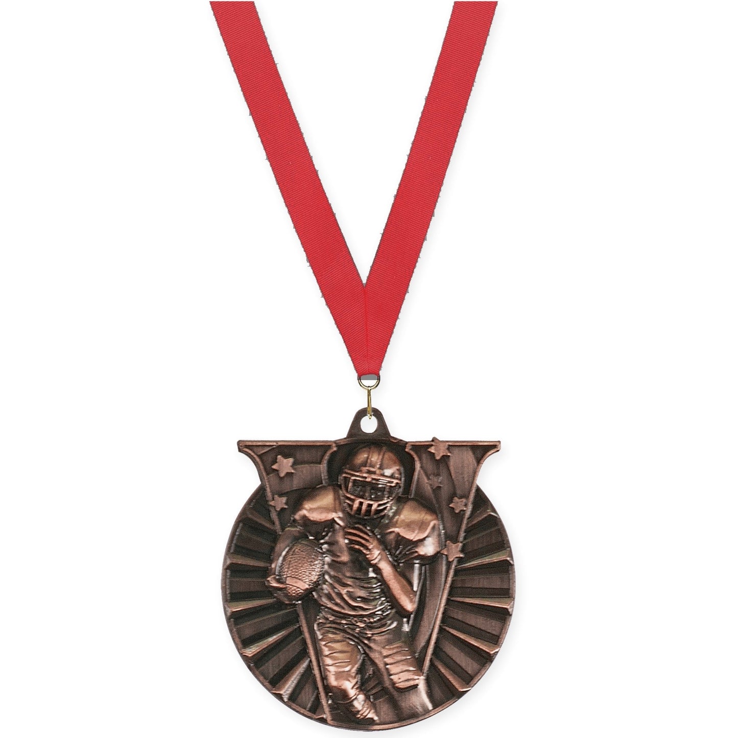2 inch football Victory medal in antique bronze with Red neck ribbon