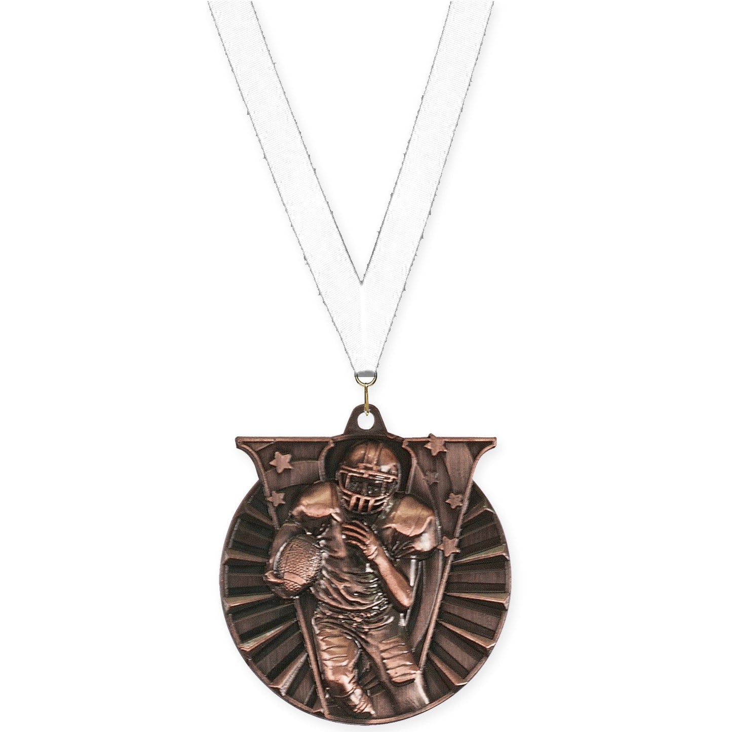 2 inch football Victory medal in antique bronze with White neck ribbon