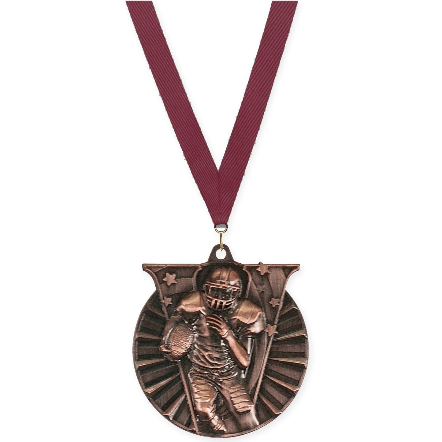 2 inch football Victory medal in antique bronze with Maroon neck ribbon