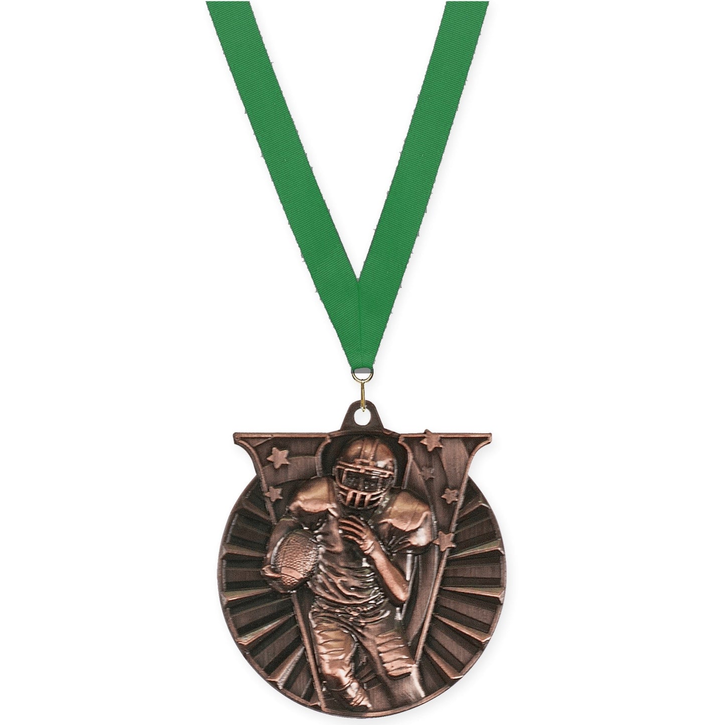 2 inch football Victory medal in antique bronze with Green neck ribbon