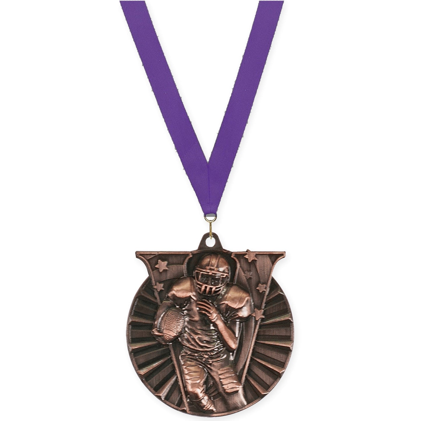 2 inch football Victory medal in antique bronze with Purple neck ribbon