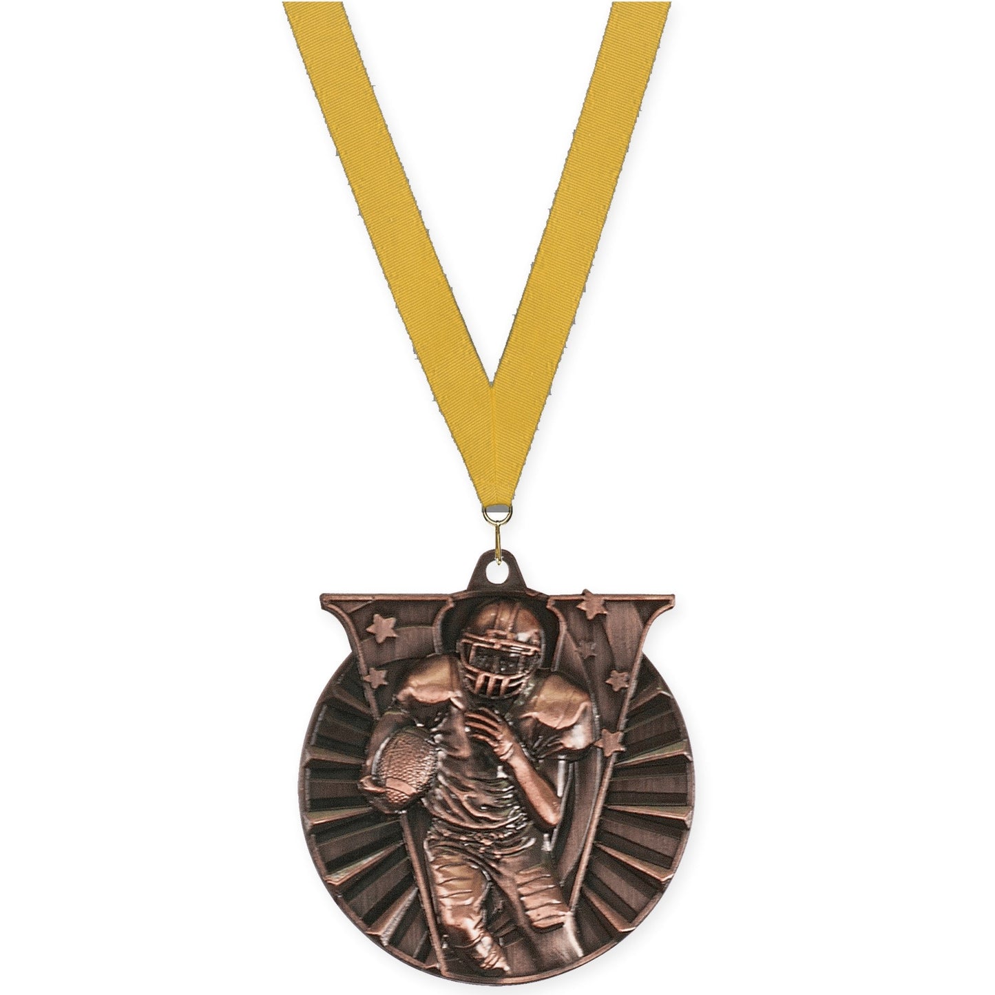 2 inch football Victory medal in antique bronze with Gold neck ribbon
