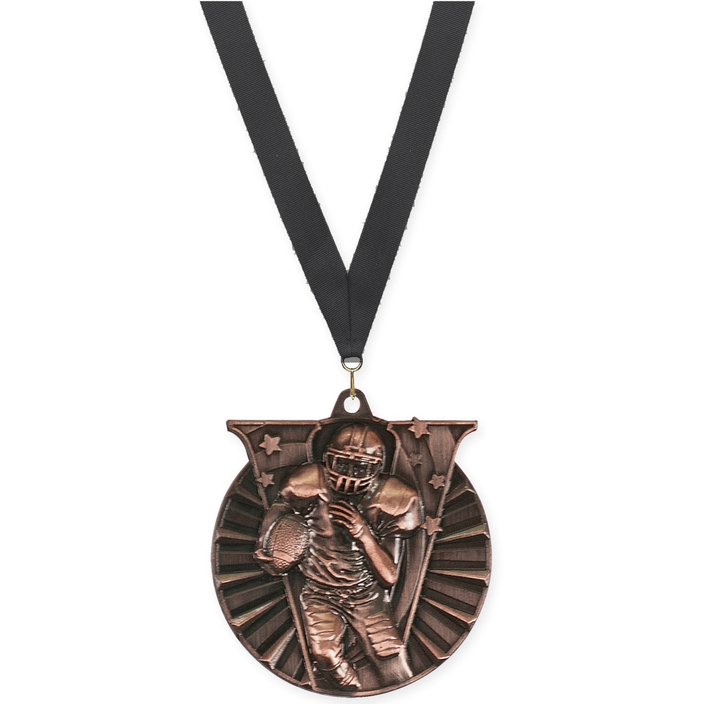 2 inch football Victory medal in antique bronze with Black neck ribbon