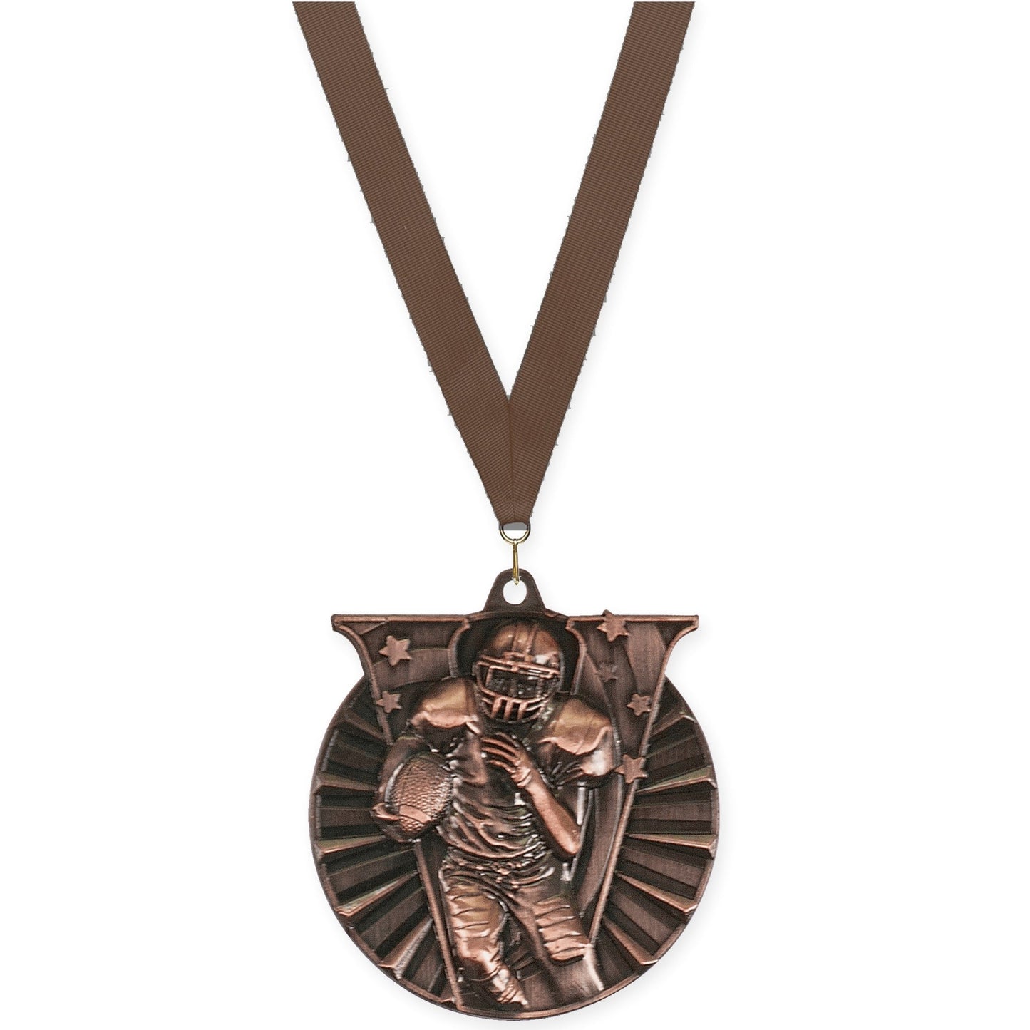 2 inch football Victory medal in antique bronze with Brown neck ribbon
