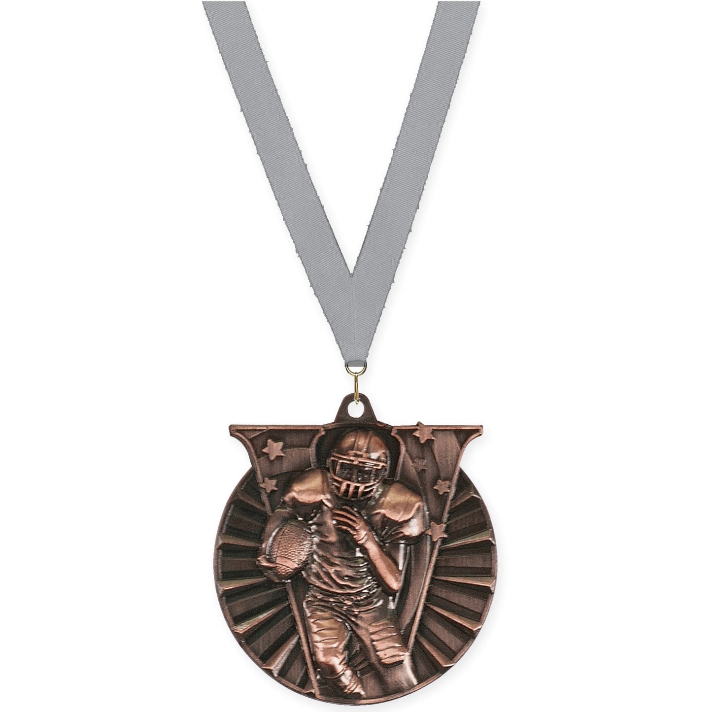 2 inch football Victory medal in antique bronze with Gray neck ribbon