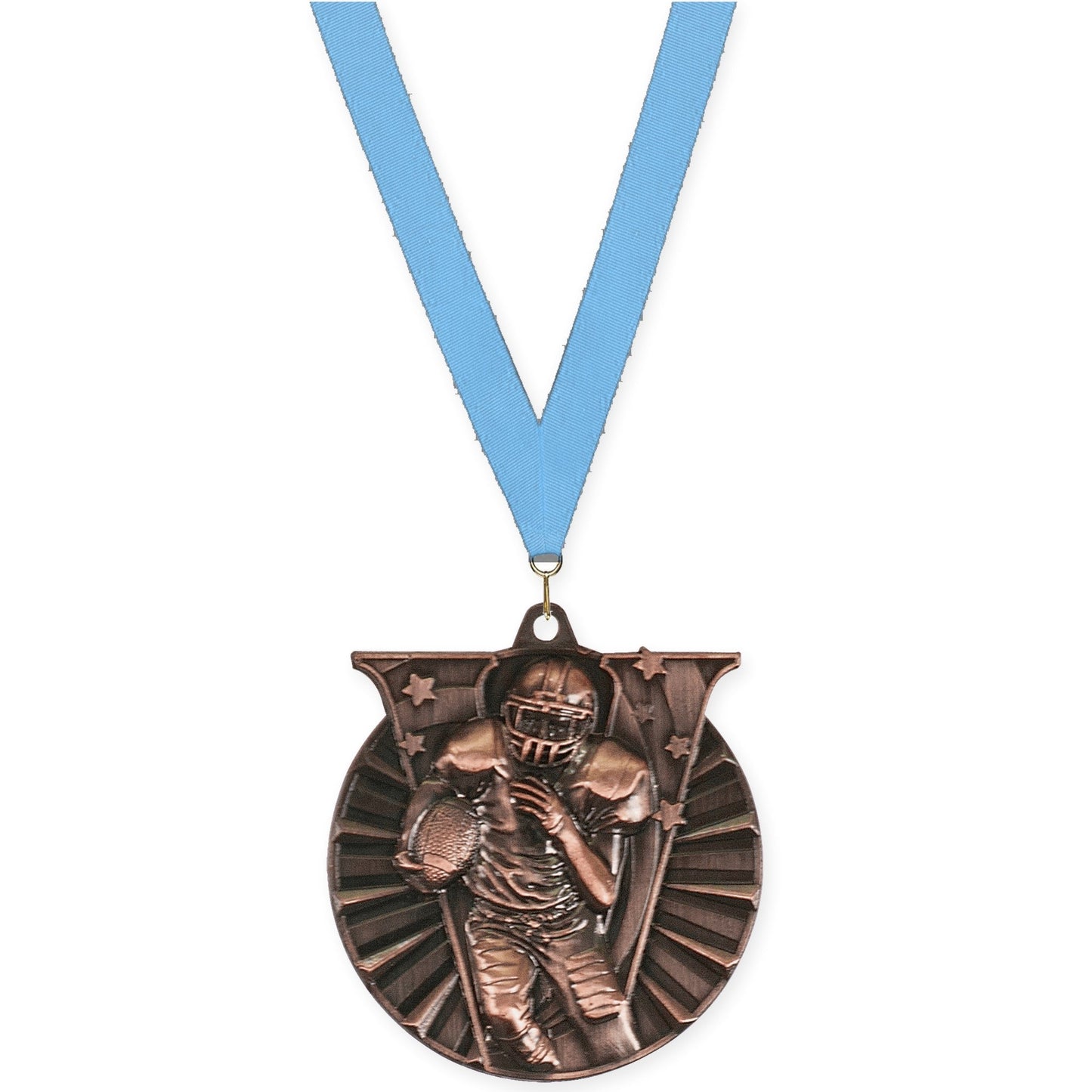 2 inch football Victory medal in antique bronze with Light Blue neck ribbon