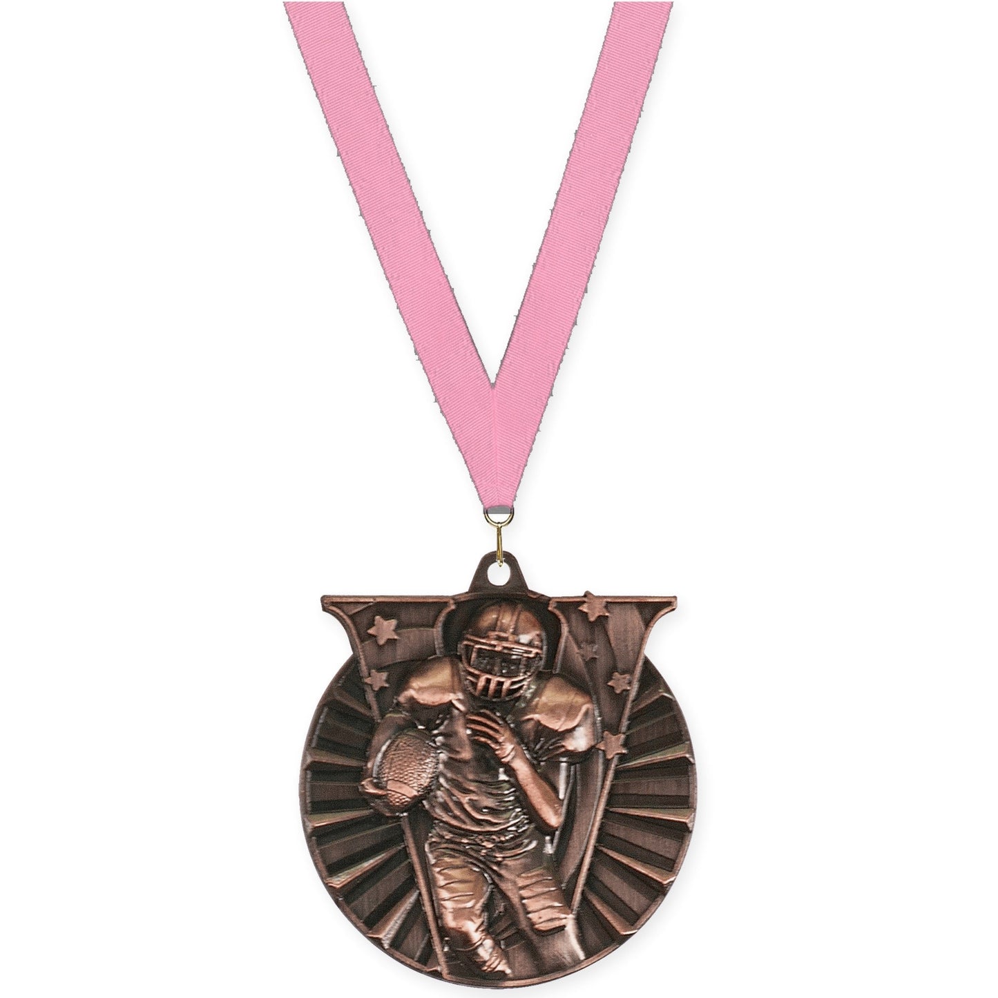 2 inch football Victory medal in antique bronze with Pink neck ribbon