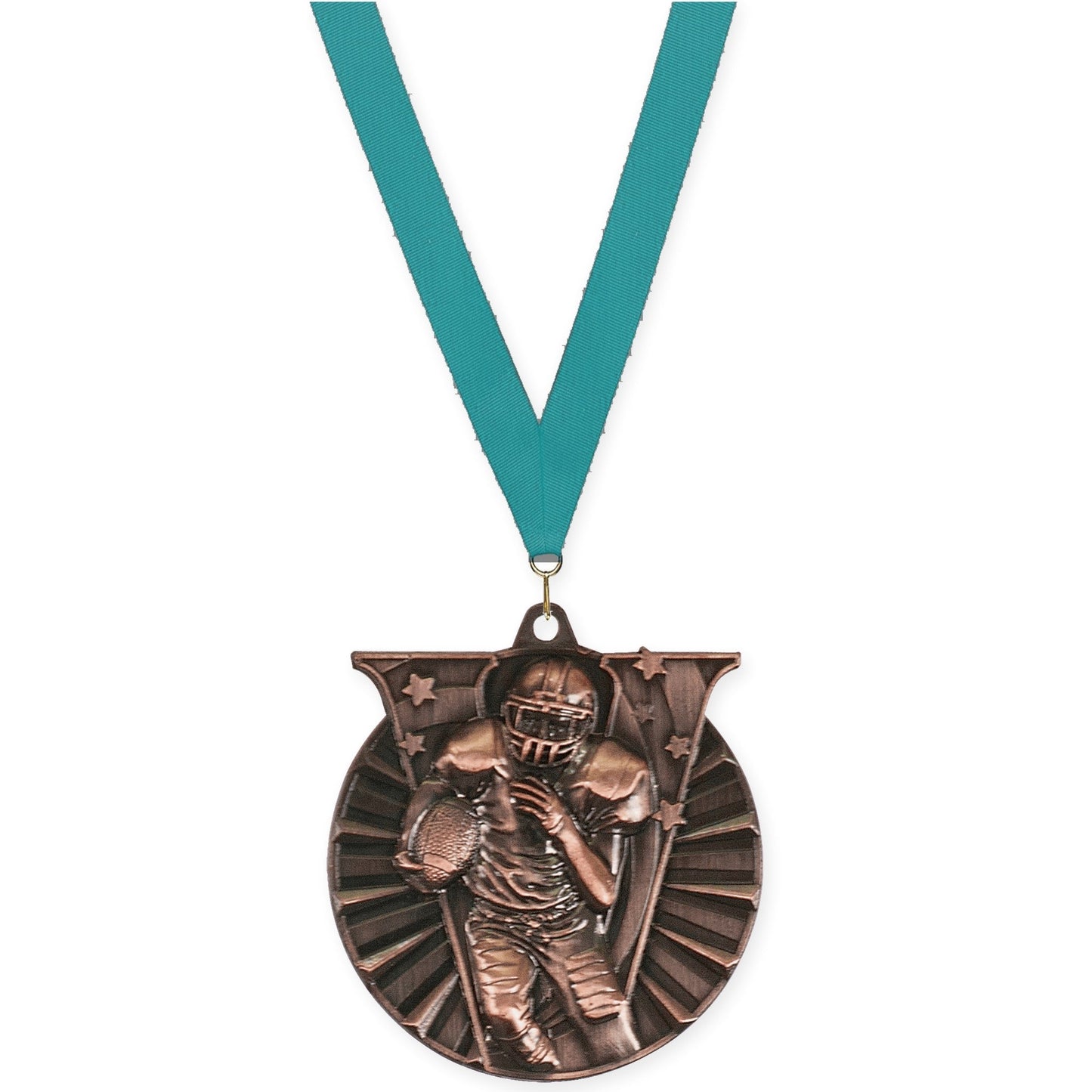 2 inch football Victory medal in antique bronze with Teal neck ribbon