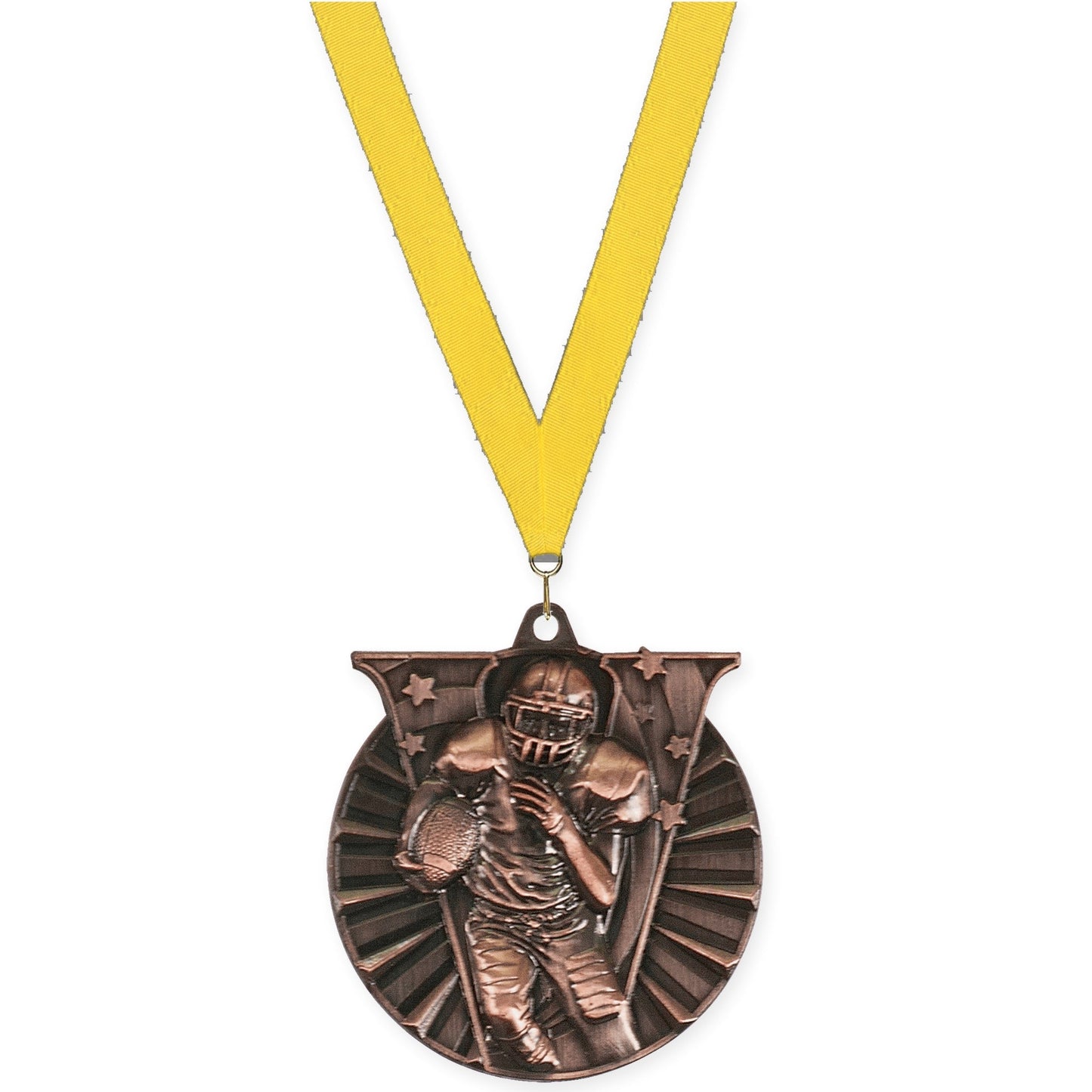 2 inch football Victory medal in antique bronze with Yellow neck ribbon