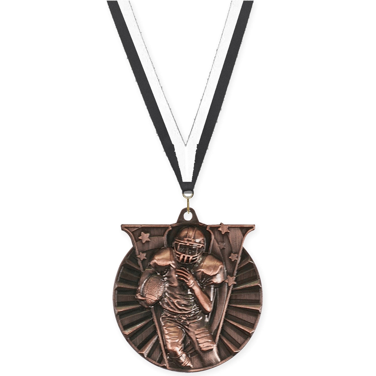 2 inch football Victory medal in antique bronze with Black White neck ribbon