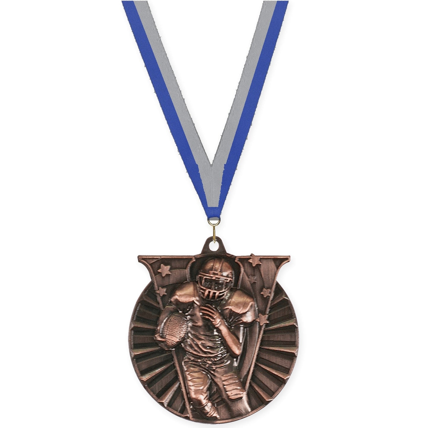 2 inch football Victory medal in antique bronze with Blue Gray neck ribbon