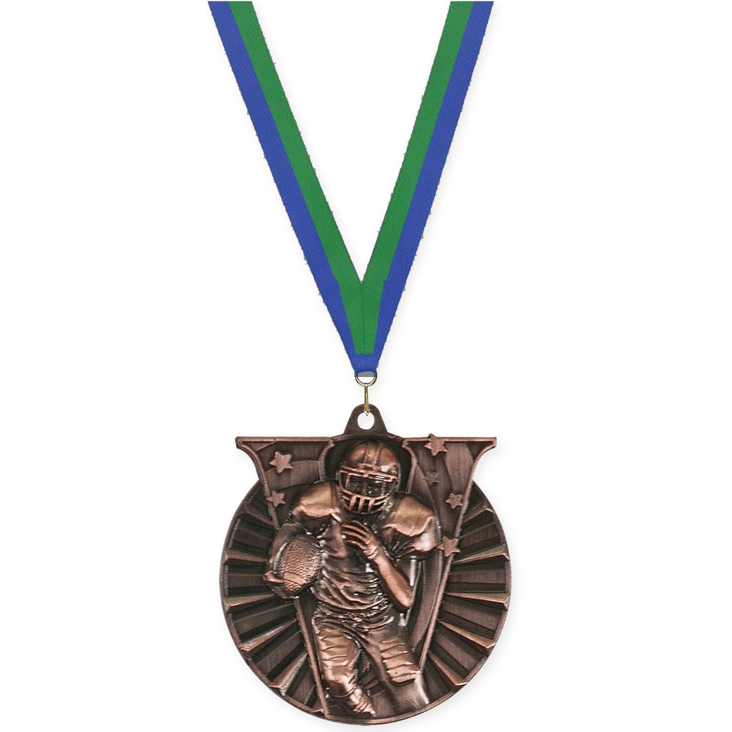 2 inch football Victory medal in antique bronze with Blue Green neck ribbon
