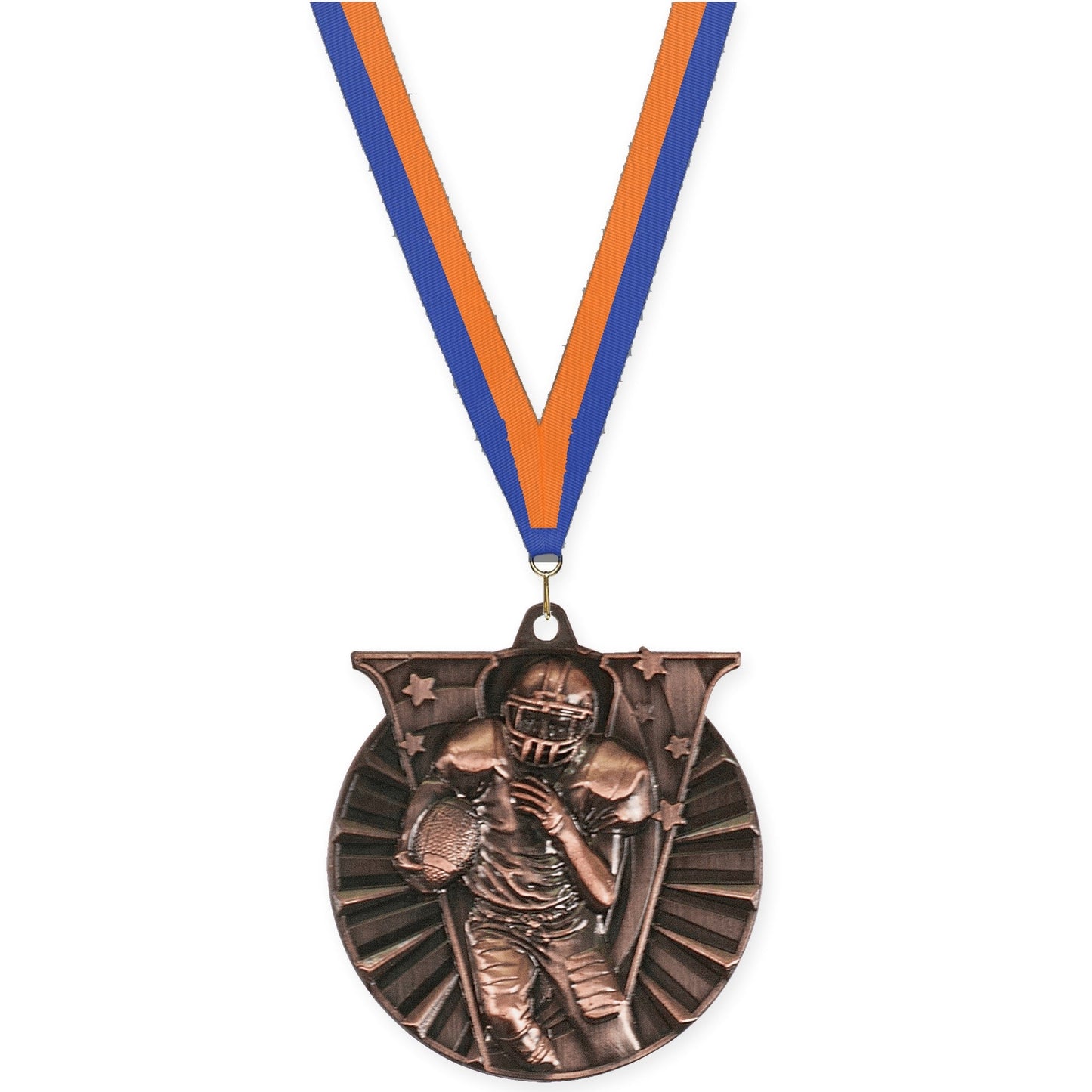2 inch football Victory medal in antique bronze with Blue Orange neck ribbon