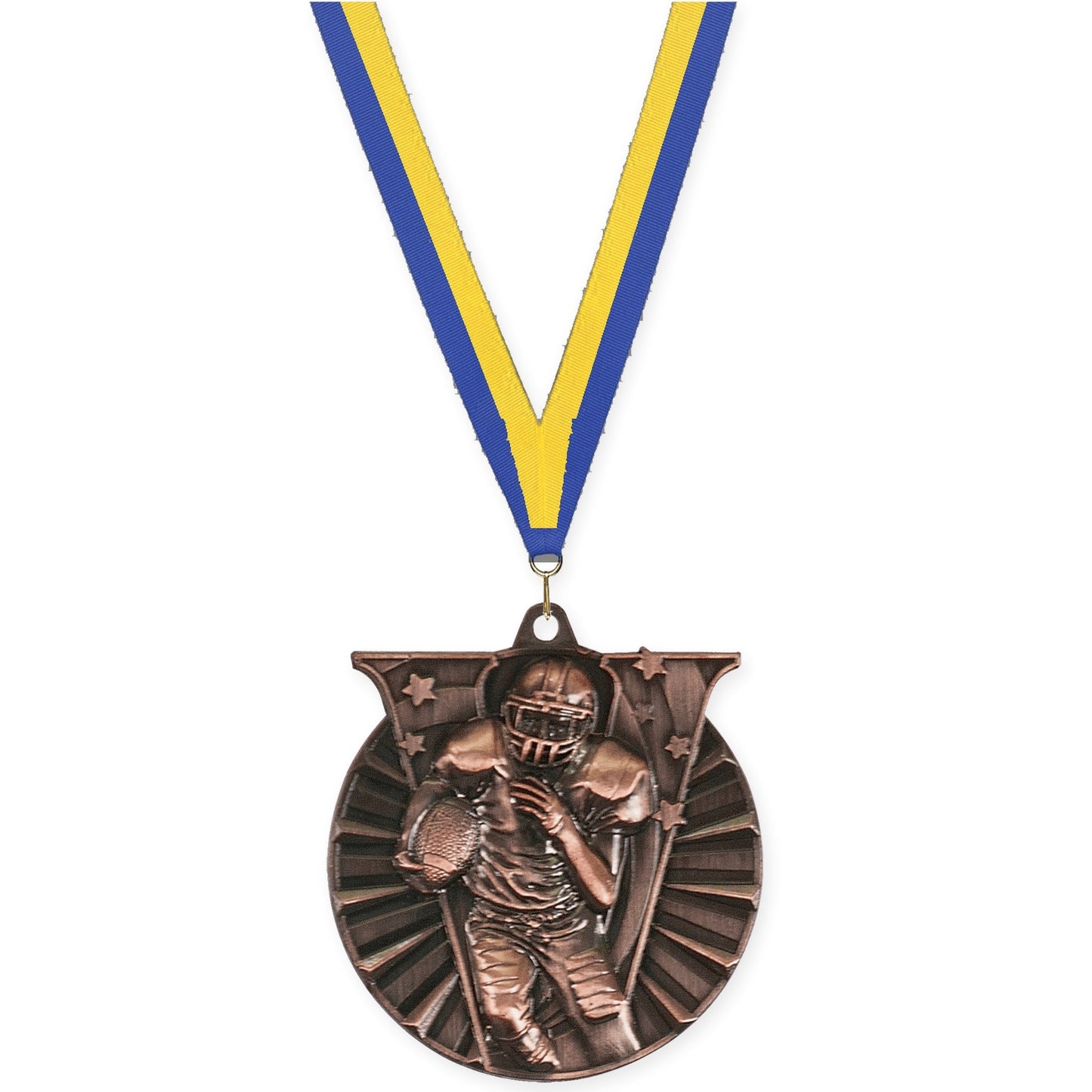 2 inch football Victory medal in antique bronze with Blue Yellow neck ribbon
