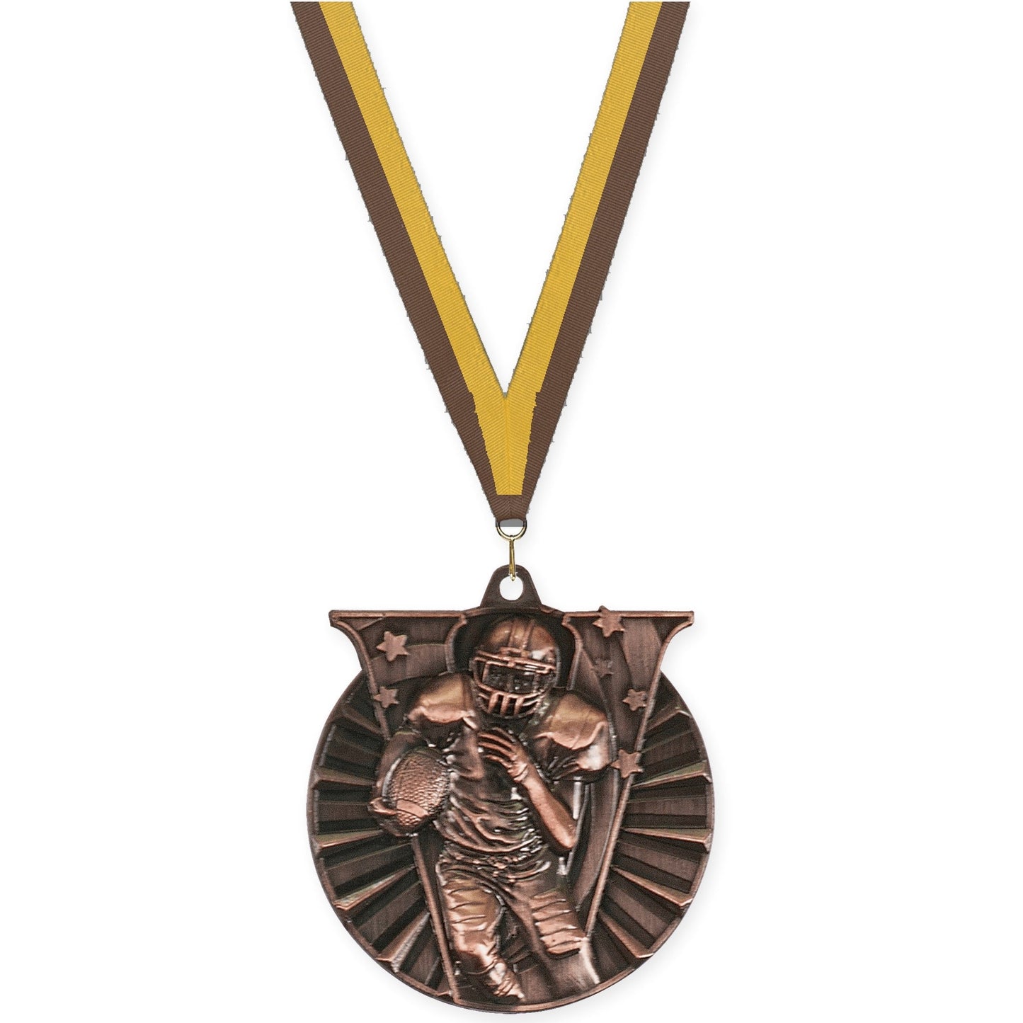 2 inch football Victory medal in antique bronze with Brown Gold neck ribbon
