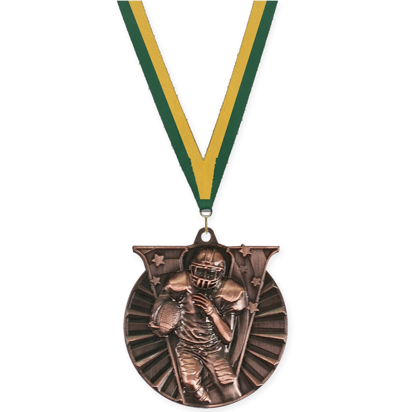 2 inch football Victory medal in antique bronze with Hunter Green Gold neck ribbon