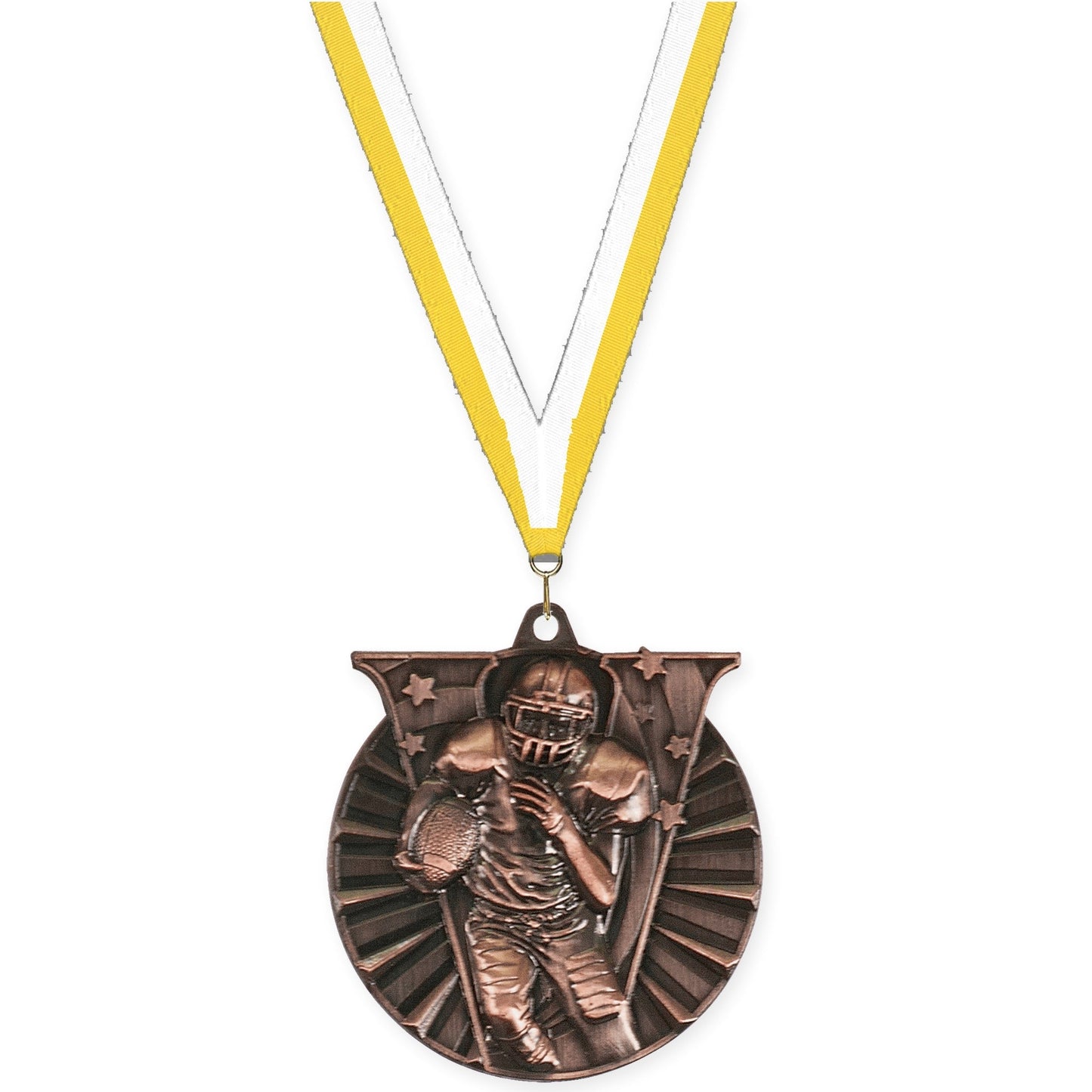 2 inch football Victory medal in antique bronze with Yellow White neck ribbon