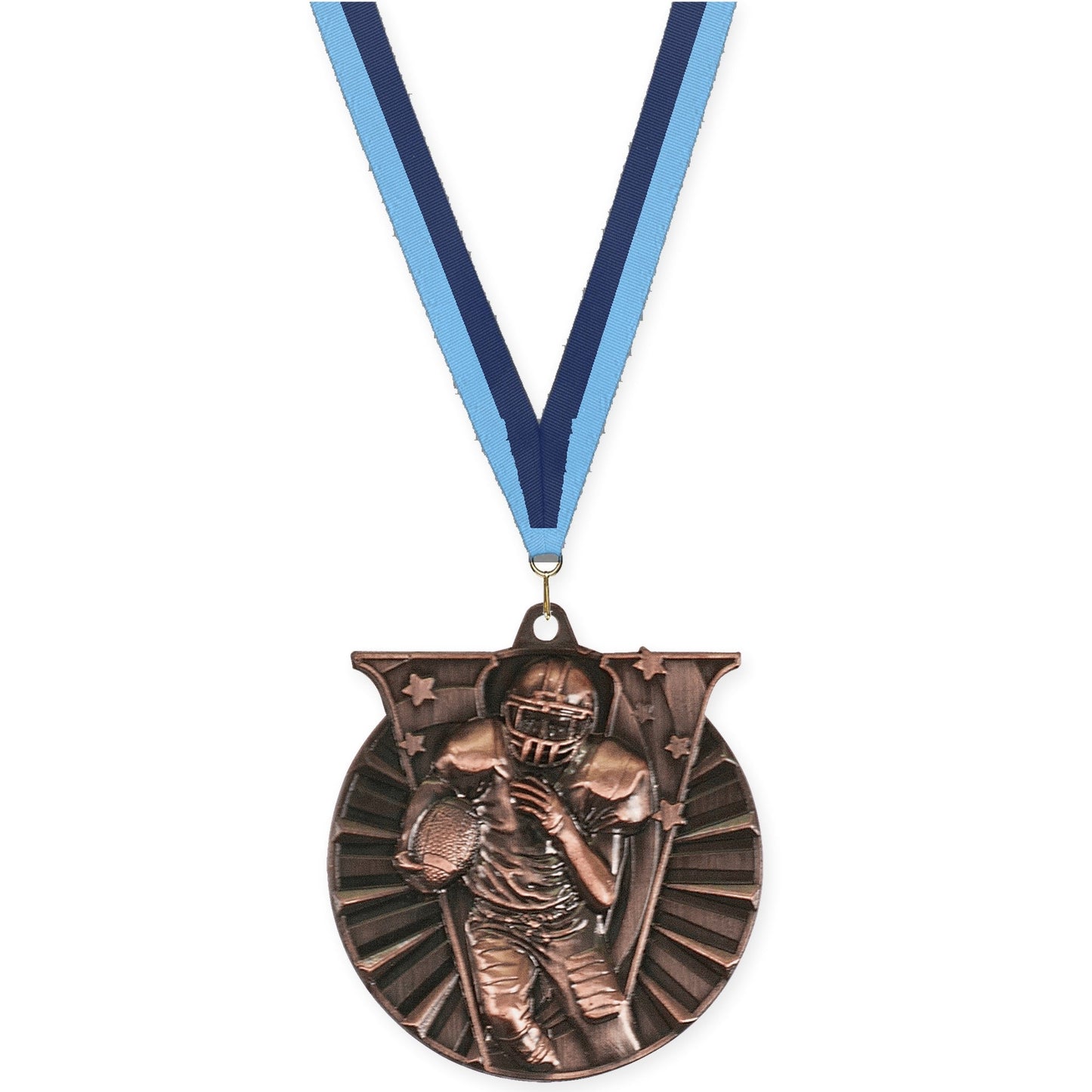 2 inch football Victory medal in antique bronze with Light Blue Navy neck ribbon
