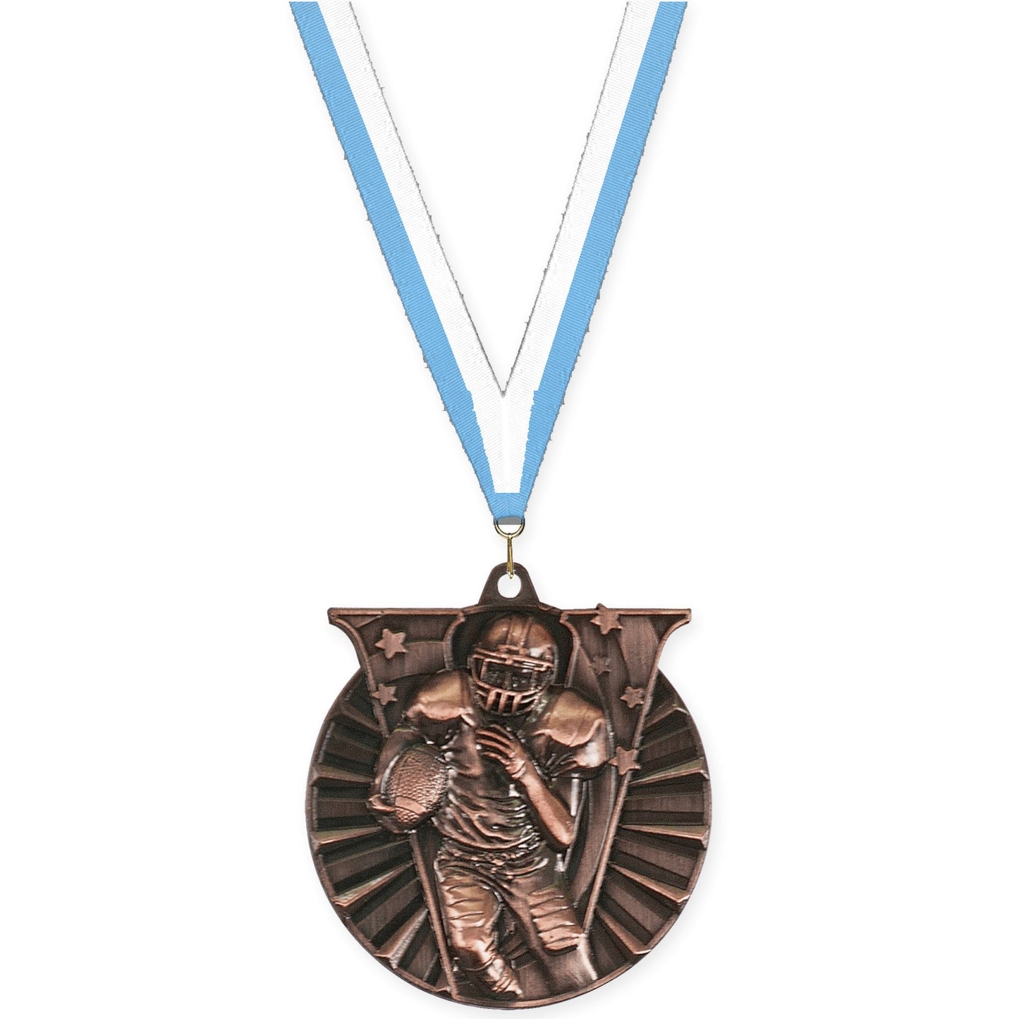 2 inch football Victory medal in antique bronze with Light Blue White neck ribbon