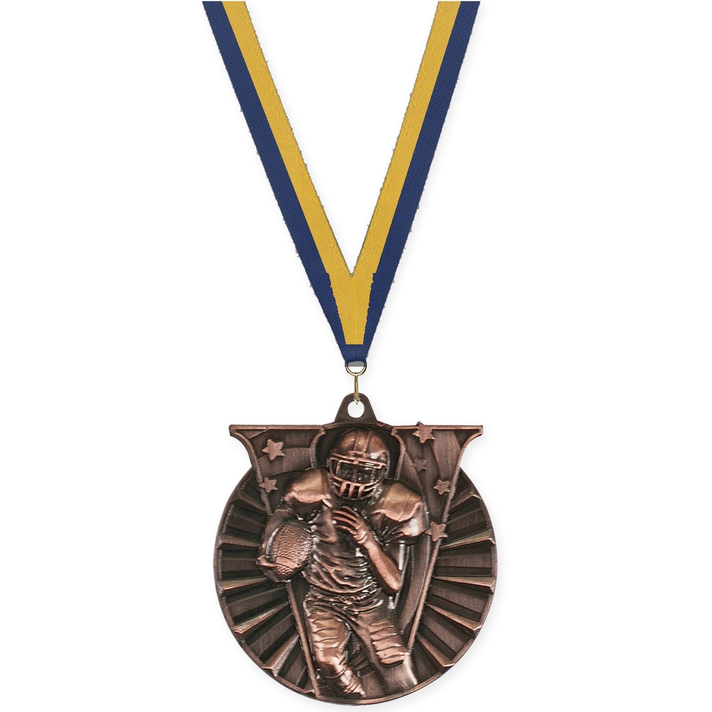 2 inch football Victory medal in antique bronze with Navy Gold neck ribbon