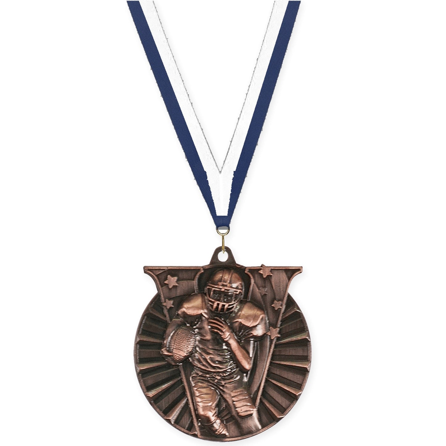 2 inch football Victory medal in antique bronze with Navy White neck ribbon