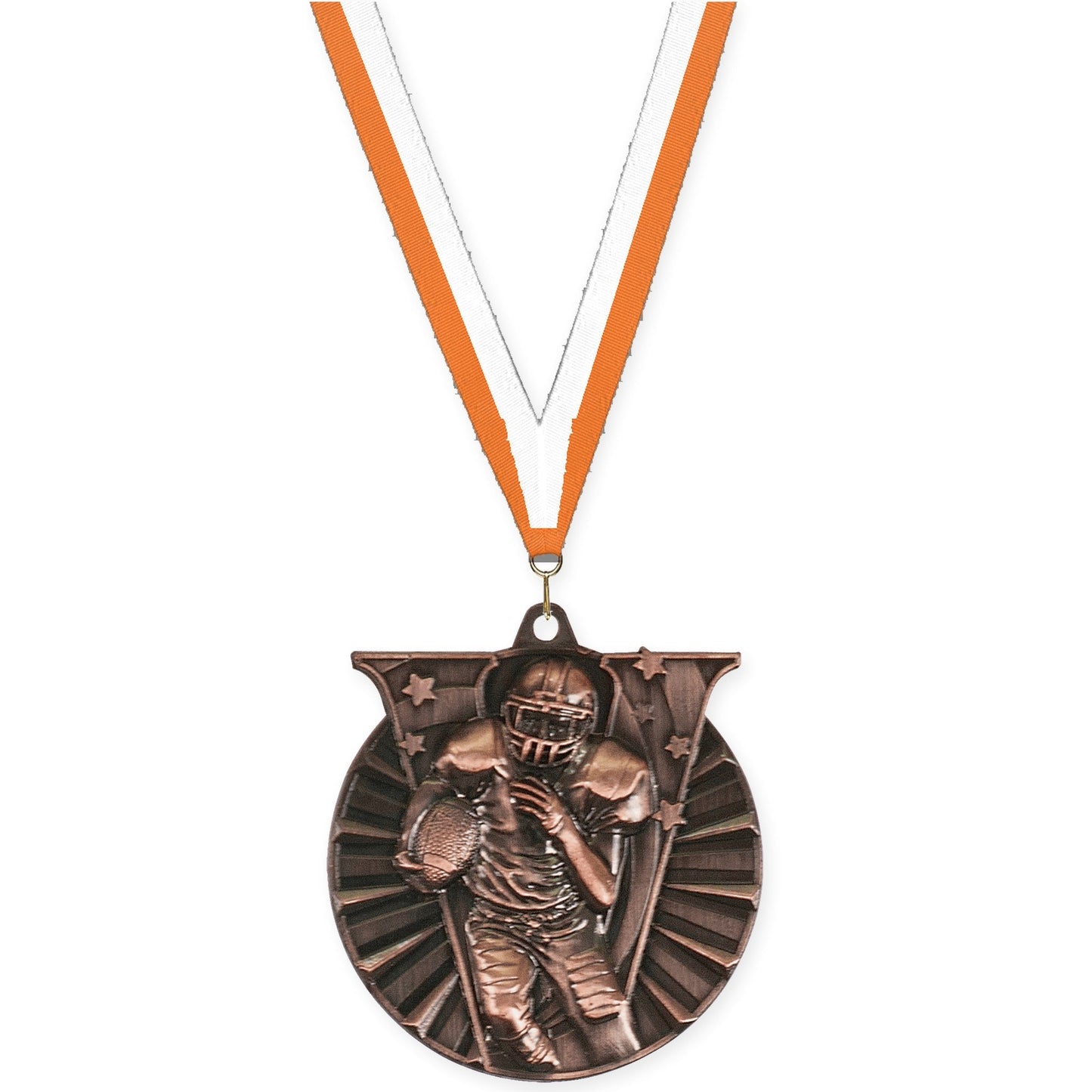 2 inch football Victory medal in antique bronze with Orange White neck ribbon