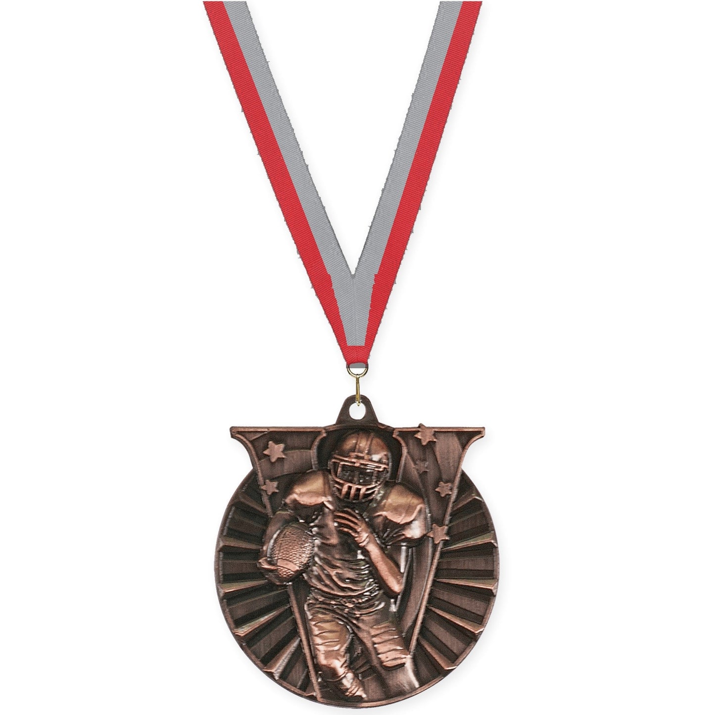 2 inch football Victory medal in antique bronze with Red Gray neck ribbon