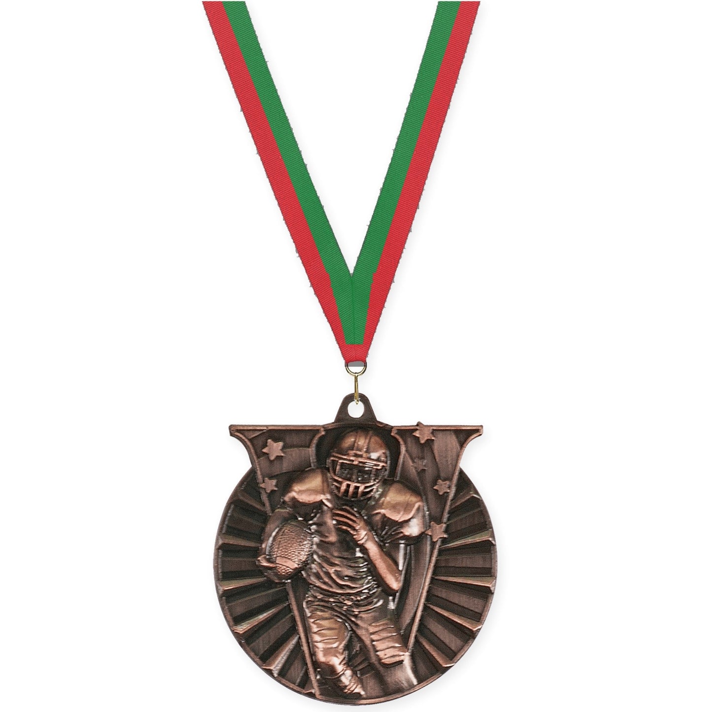 2 inch football Victory medal in antique bronze with Red Green neck ribbon