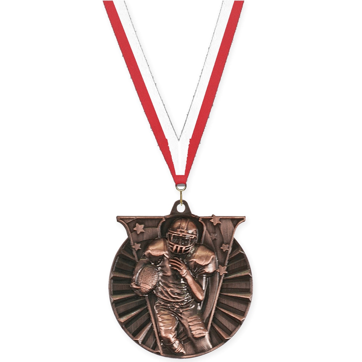 2 inch football Victory medal in antique bronze with Red White neck ribbon
