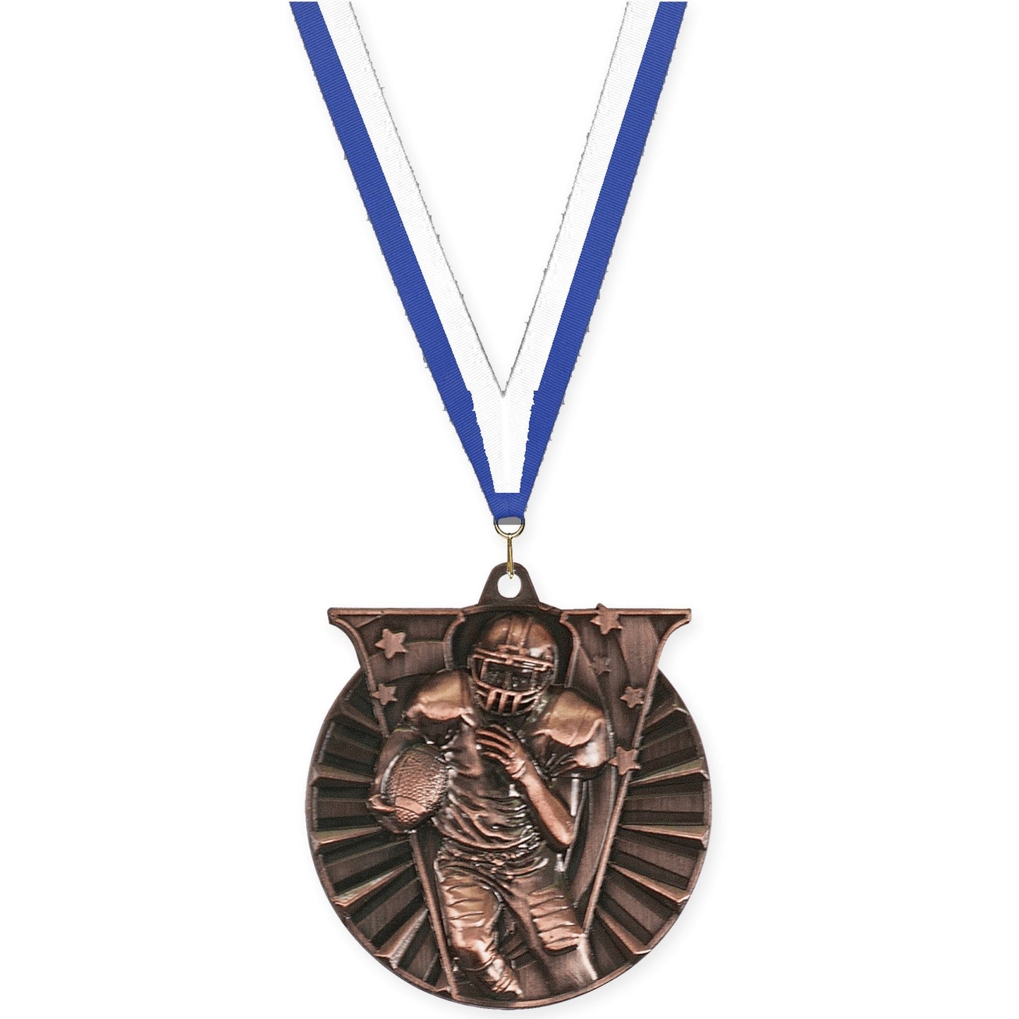 2 inch football Victory medal in antique bronze with Blue White neck ribbon