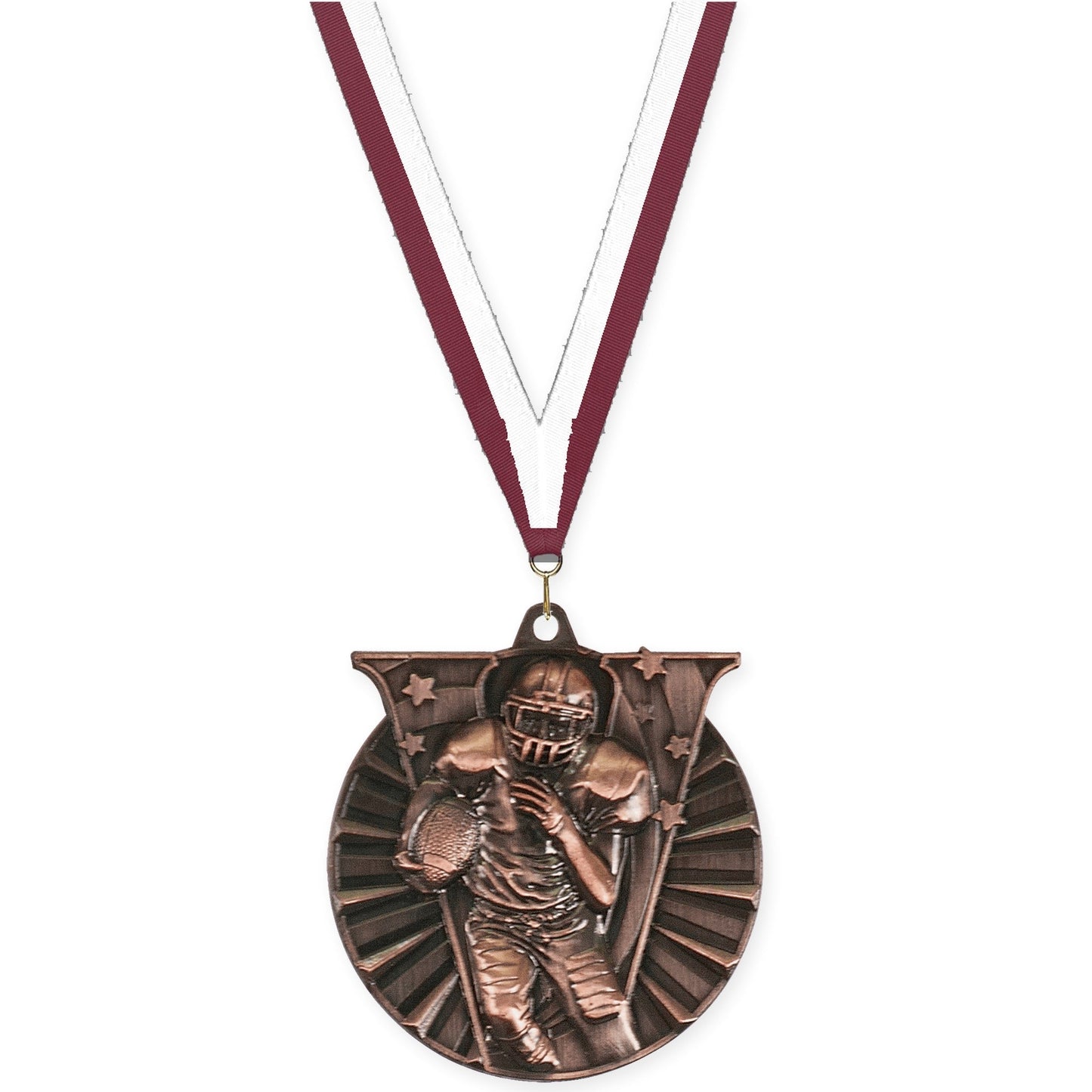 2 inch football Victory medal in antique bronze with Maroon White neck ribbon