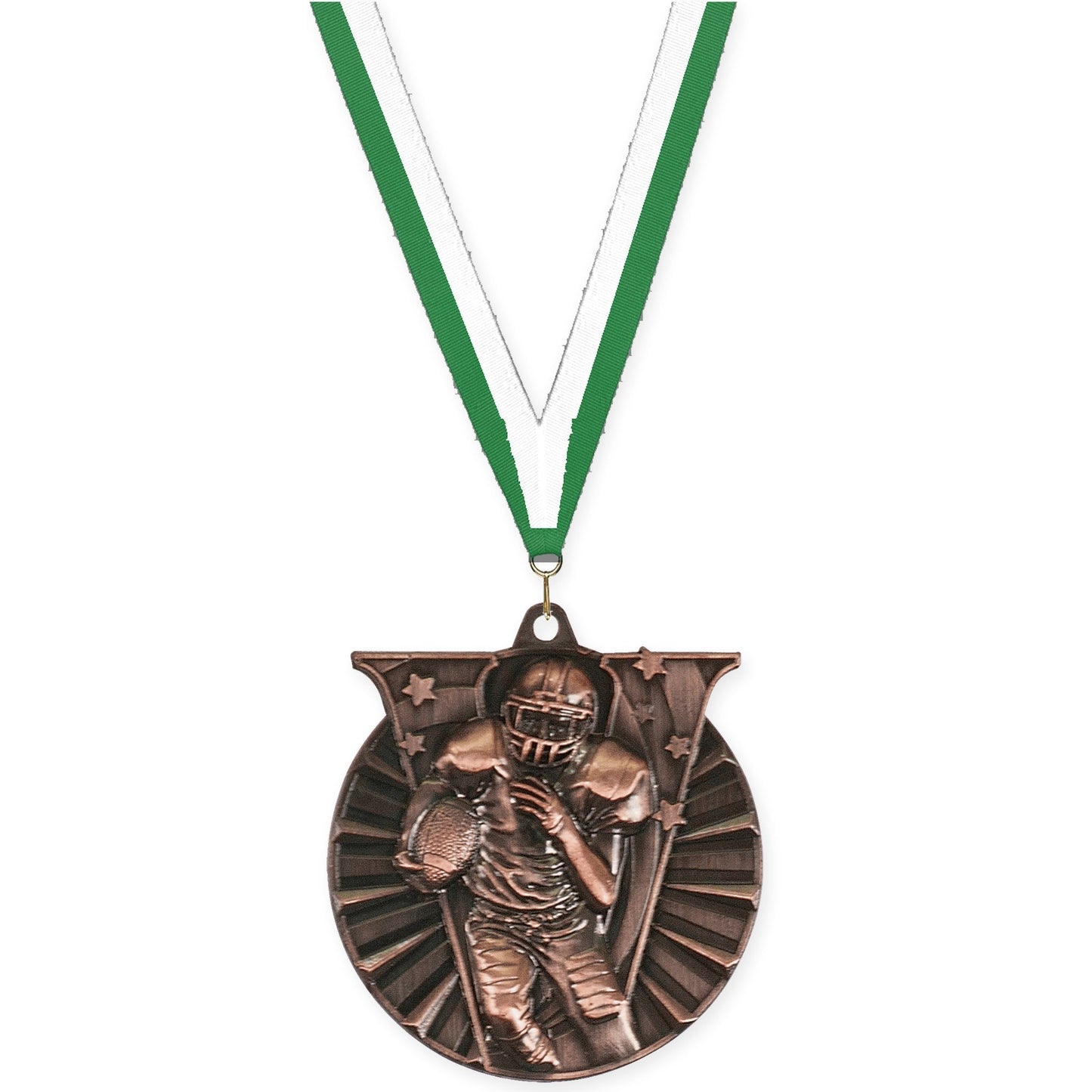 2 inch football Victory medal in antique bronze with Green White neck ribbon