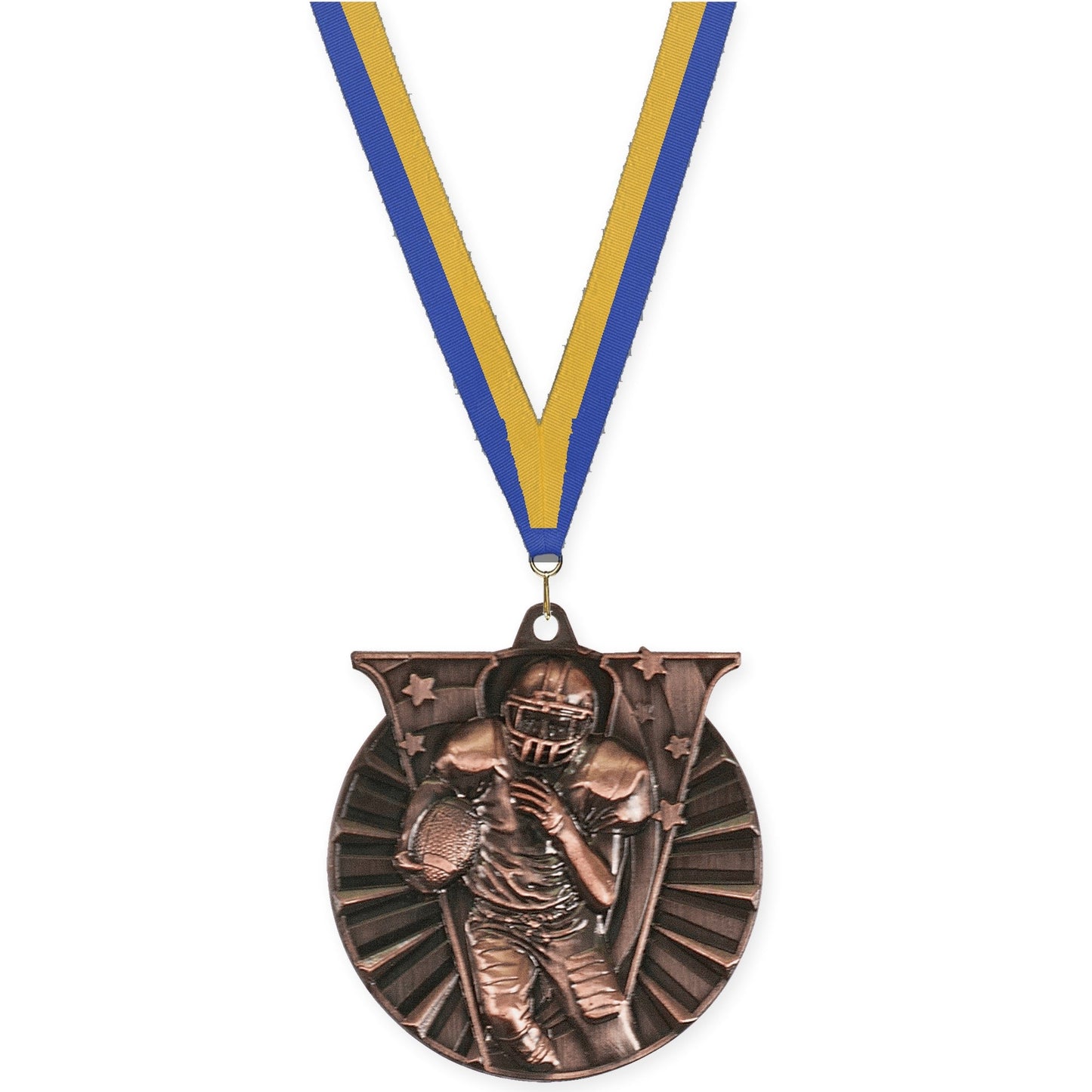 2 inch football Victory medal in antique bronze with Blue Gold neck ribbon