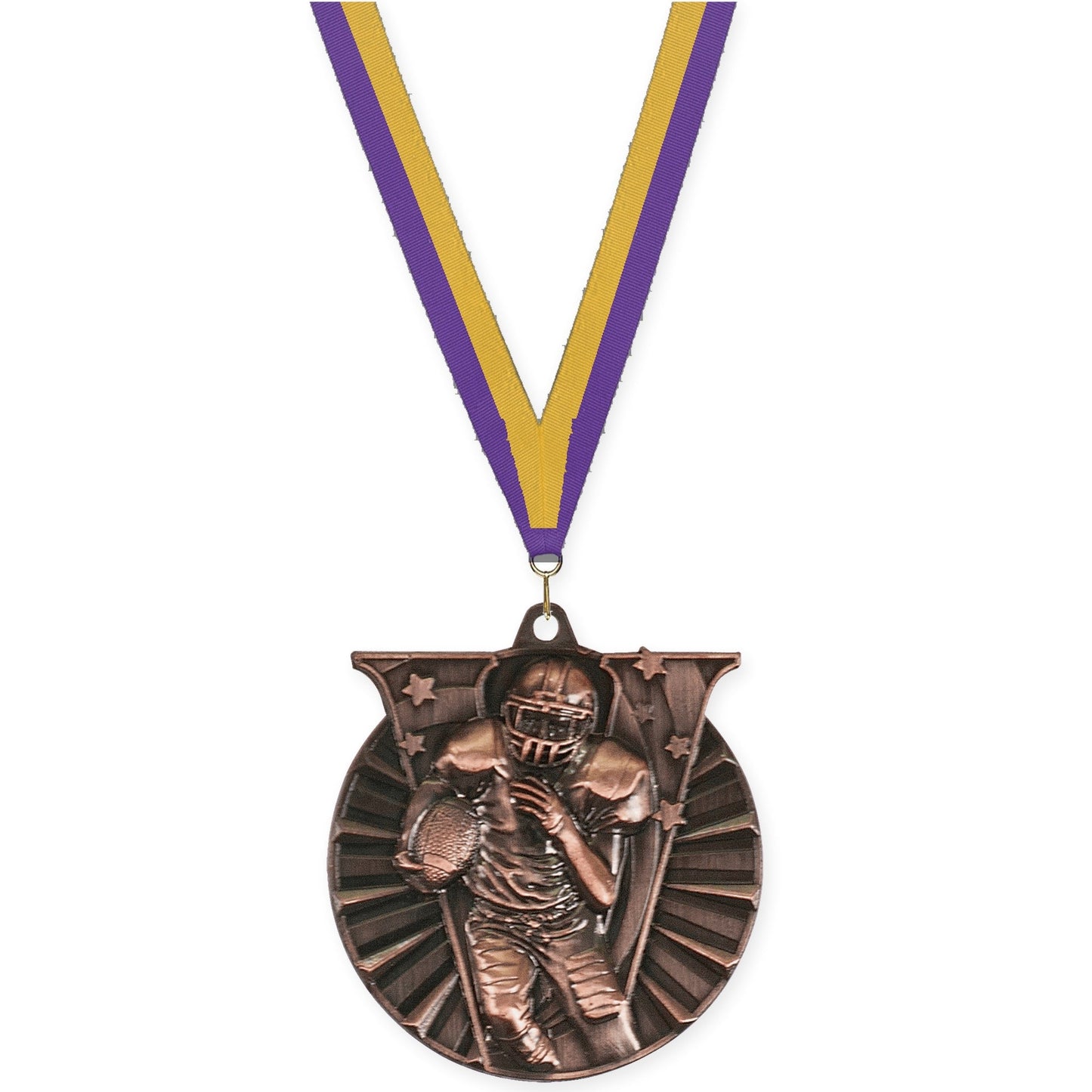 2 inch football Victory medal in antique bronze with Purple Gold neck ribbon