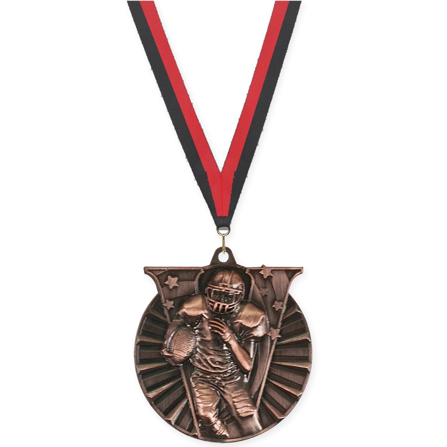 2 inch football Victory medal in antique bronze with Black Red neck ribbon