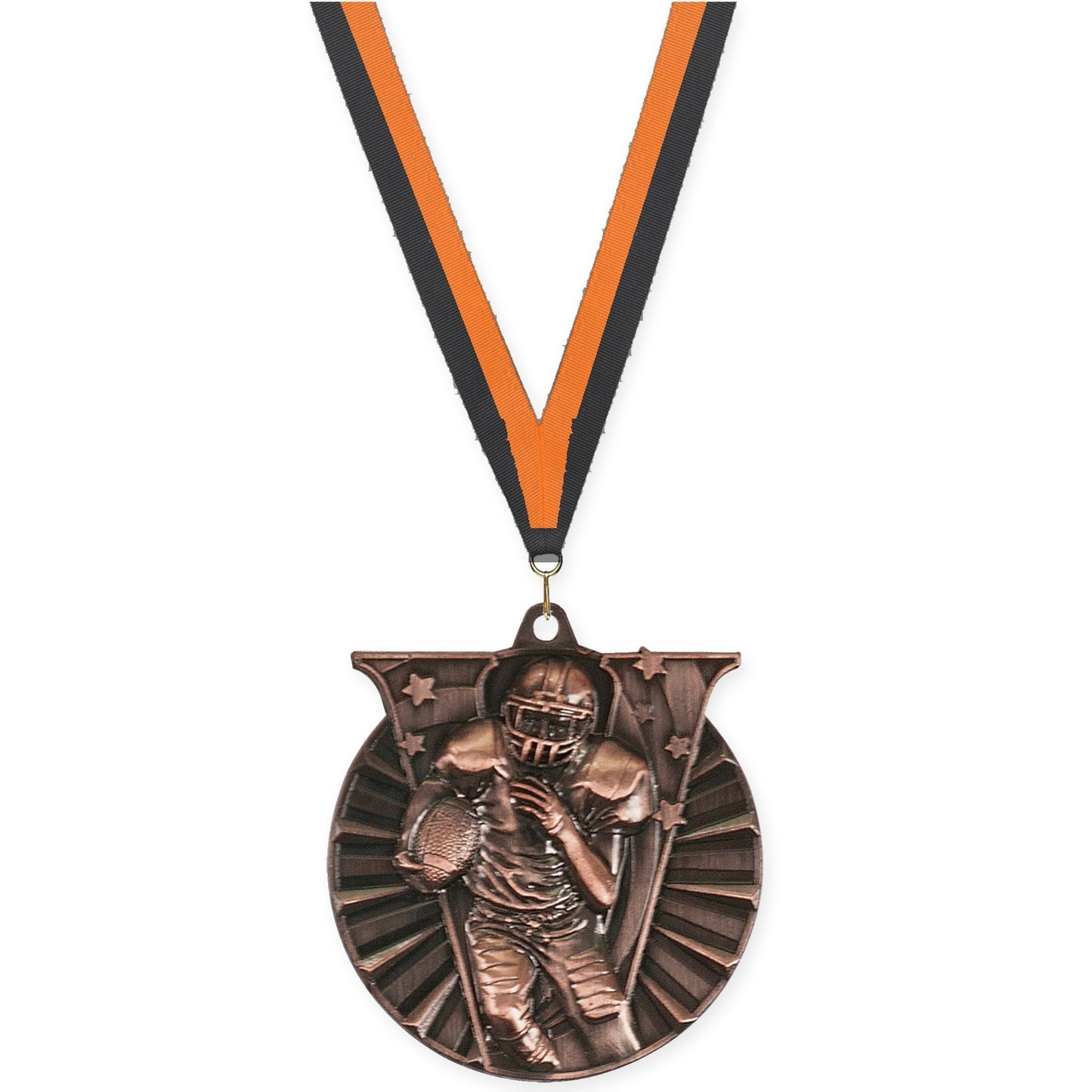 2 inch football Victory medal in antique bronze with Black Orange neck ribbon