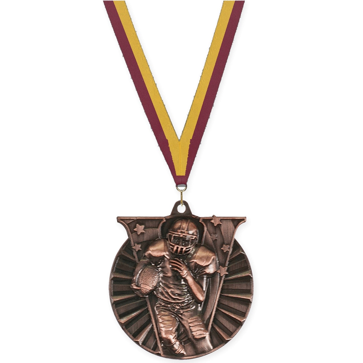 2 inch football Victory medal in antique bronze with Maroon Gold neck ribbon