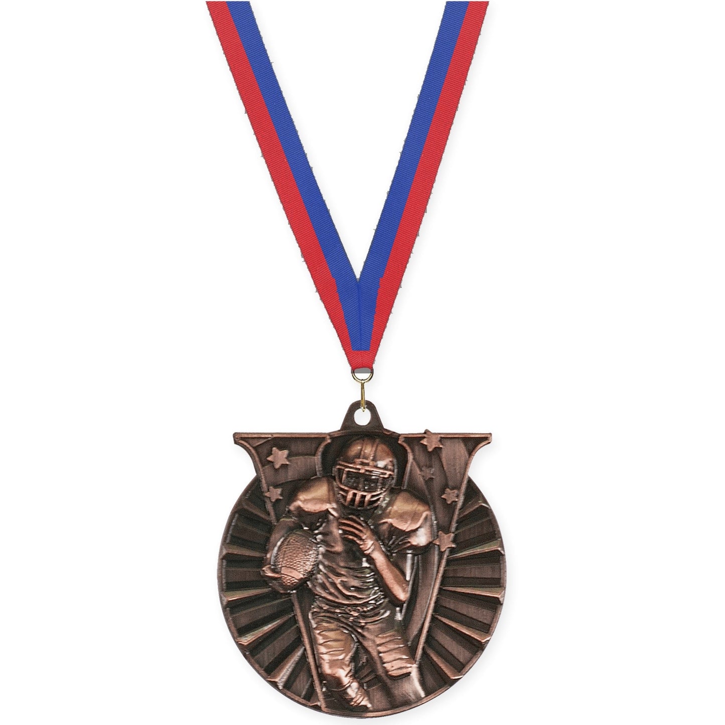 2 inch football Victory medal in antique bronze with Blue Red neck ribbon