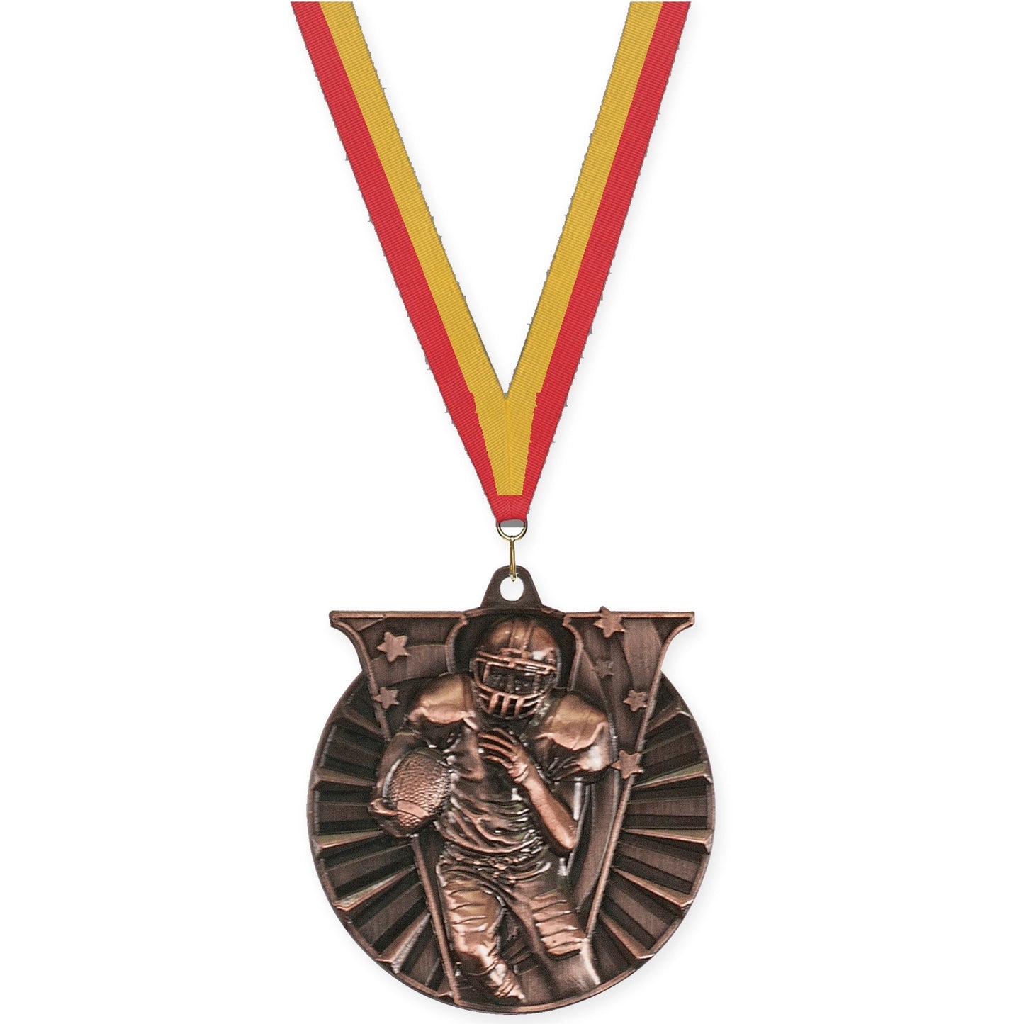 2 inch football Victory medal in antique bronze with Red Gold neck ribbon