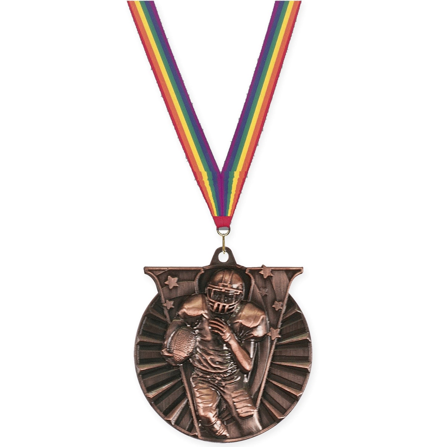 2 inch football Victory medal in antique bronze with Rainbow neck ribbon