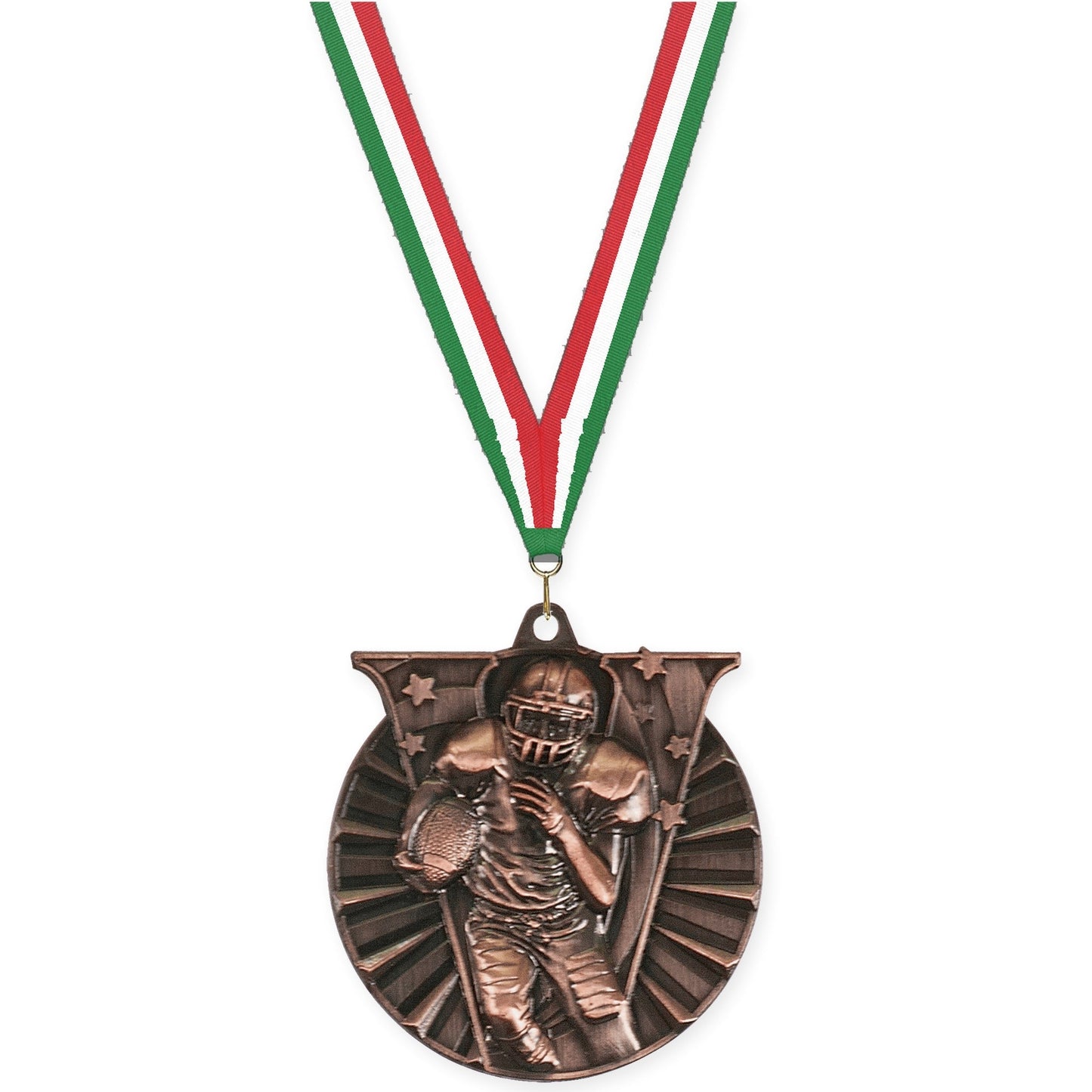 2 inch football Victory medal in antique bronze with Green White Red neck ribbon