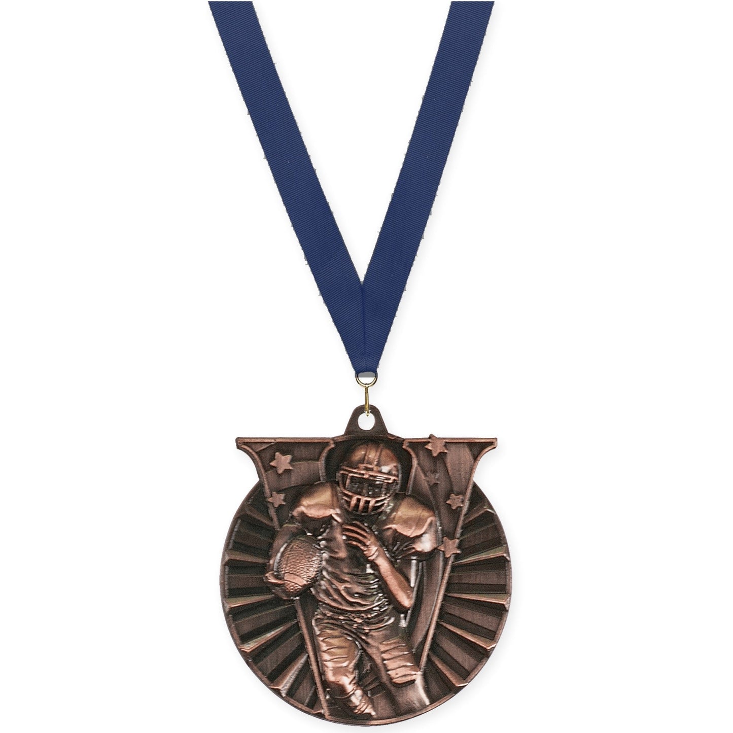 2 inch football Victory medal in antique bronze with Navy neck ribbon
