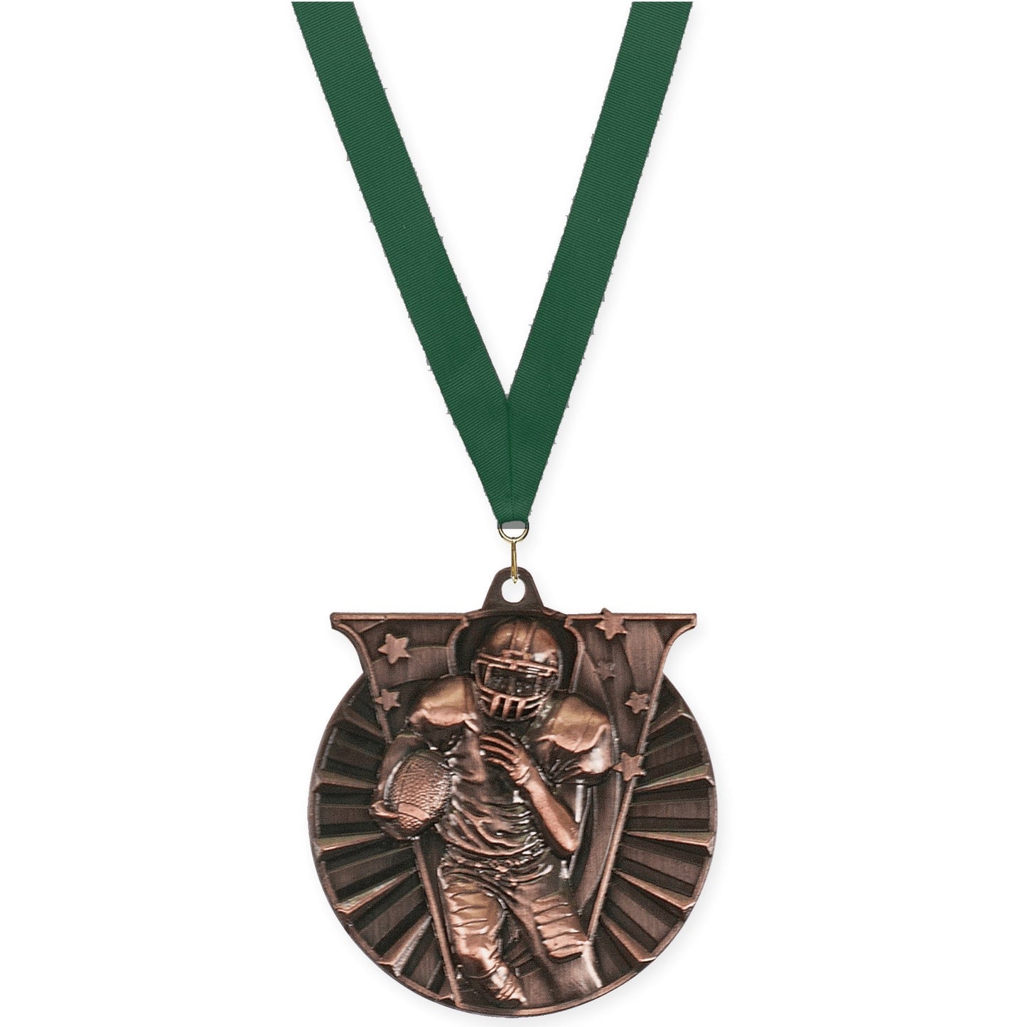 2 inch football Victory medal in antique bronze with Hunter Green neck ribbon